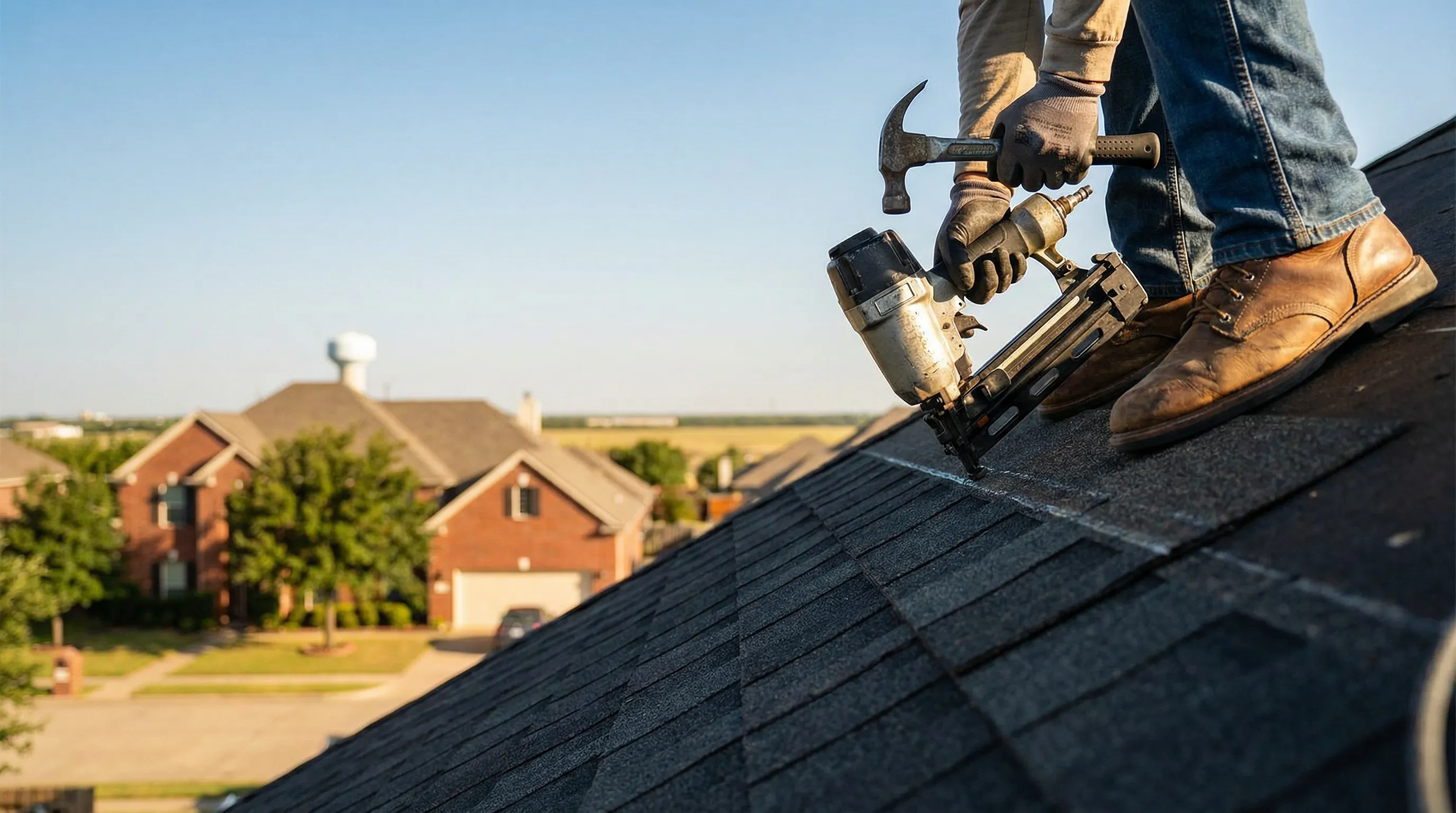 Professional roofing crew installing new shingles on a brick ranch home in a Waco TX neighborhood after a hail storm