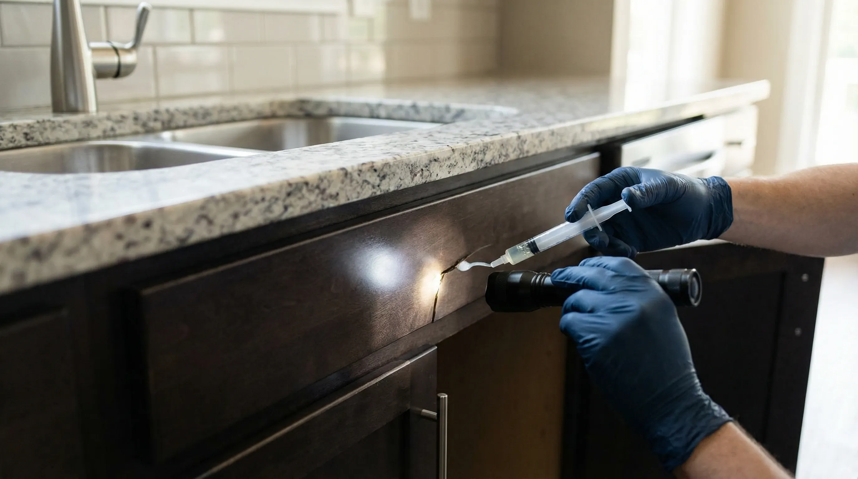 Professional pest control technician treating a suburban home in Waco TX with a backpack sprayer on a clear Texas morning