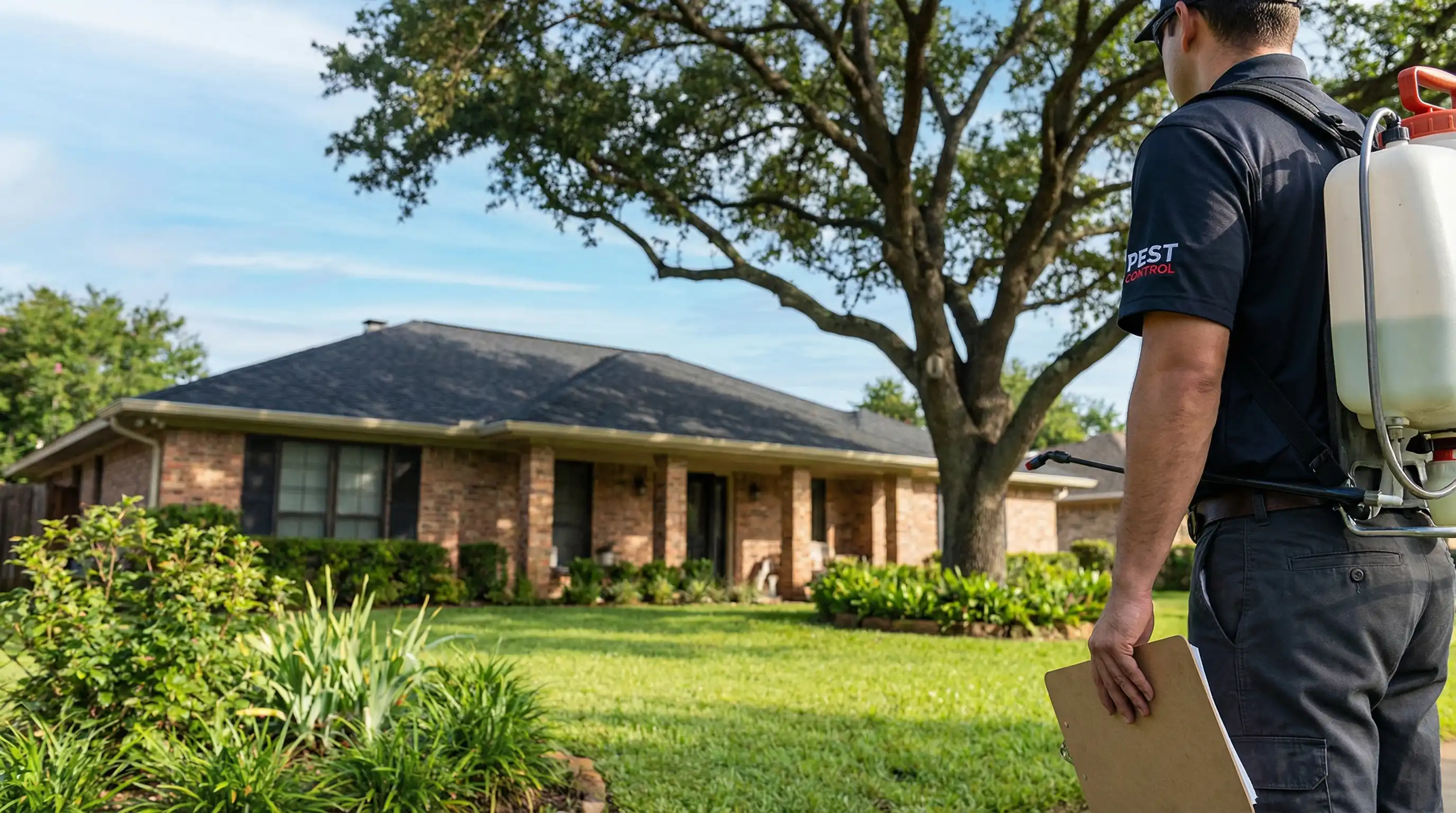 Professional pest control technician treating a suburban home in Waco TX with a backpack sprayer on a clear Texas morning