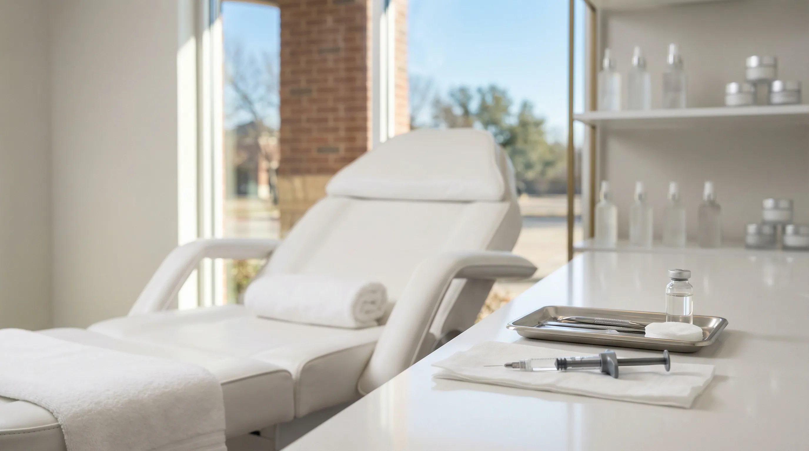 Licensed aesthetician performing a Botox injectable treatment on a client in a clean modern MedSpa treatment room in Waco TX