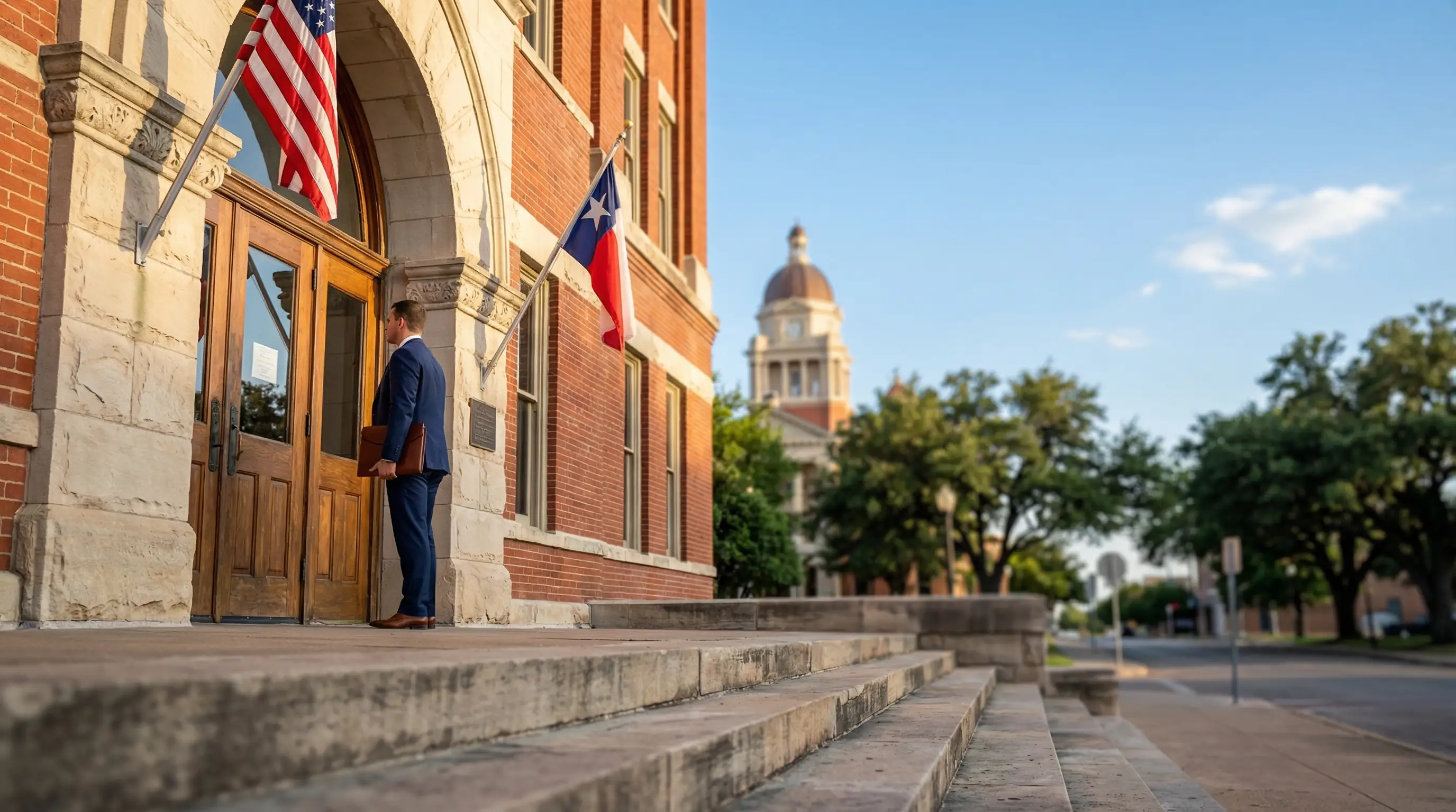 Professional law office exterior in downtown Waco TX near the McLennan County Courthouse with limestone facade and Texas flag on a clear Texas day