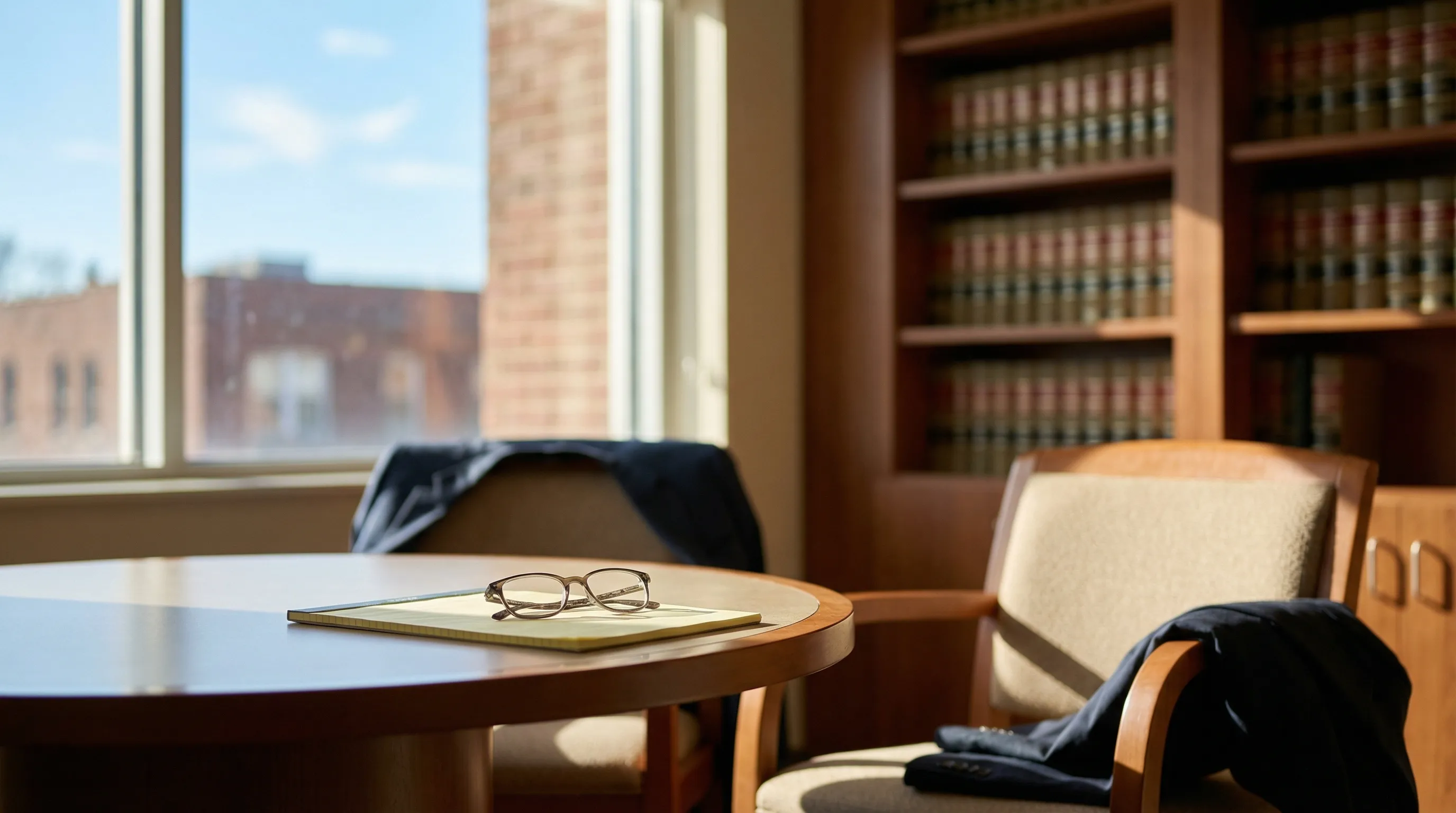 Professional law office exterior in downtown Waco TX near the McLennan County Courthouse with limestone facade and Texas flag on a clear Texas day