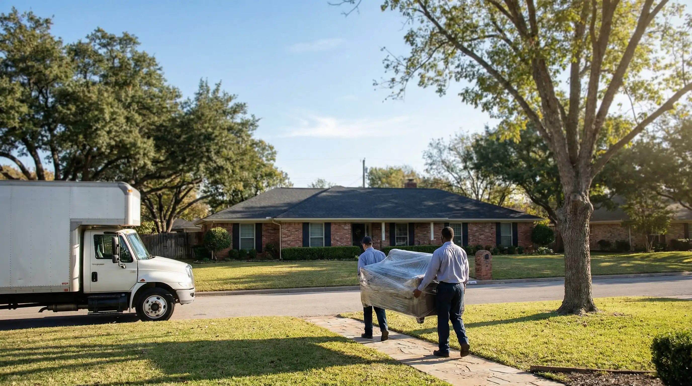 Professional movers in branded uniforms carefully loading furniture onto a moving truck parked in front of a brick ranch home on a sunny residential street in Waco TX