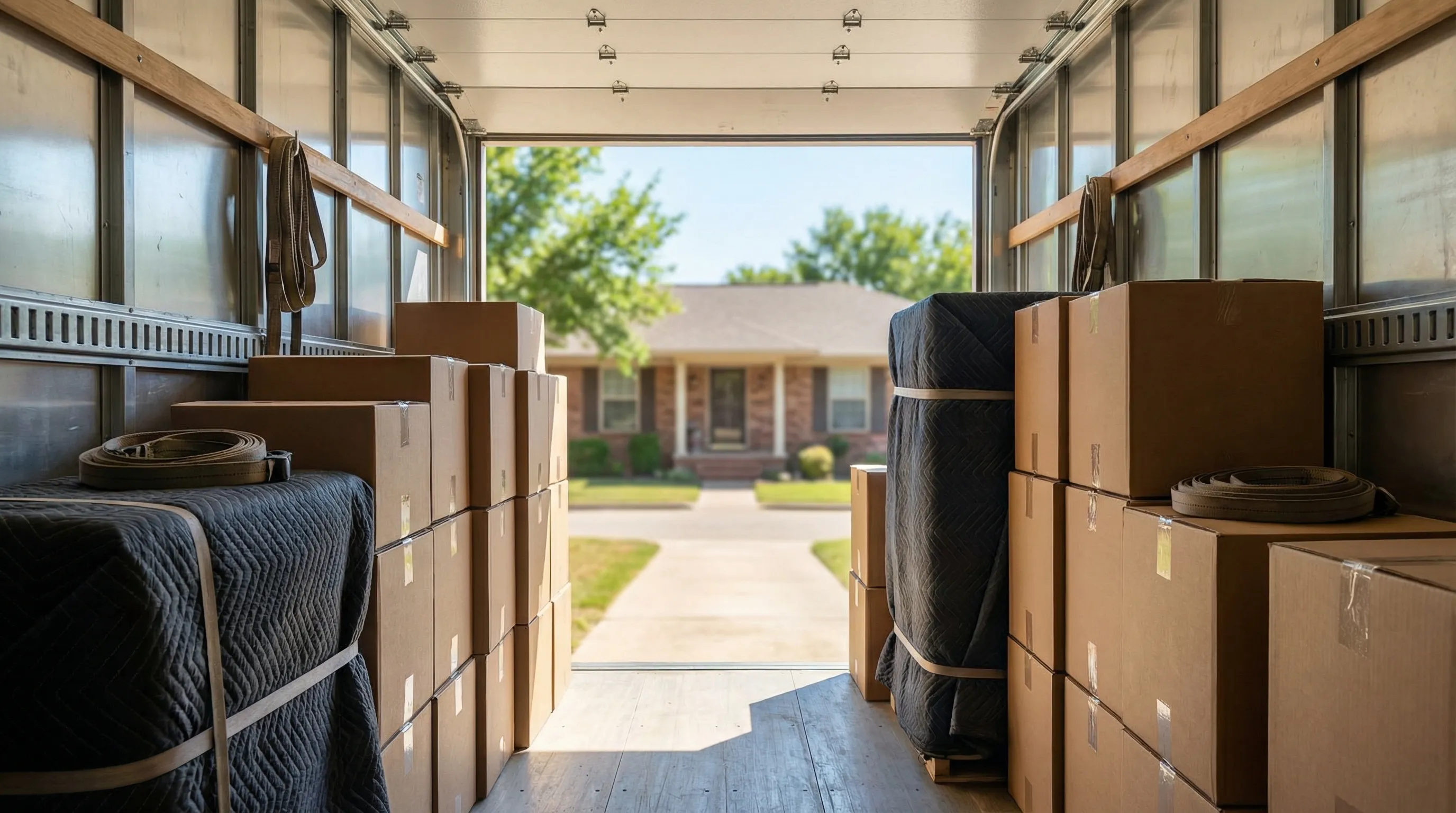 Professional movers in branded uniforms carefully loading furniture onto a moving truck parked in front of a brick ranch home on a sunny residential street in Waco TX