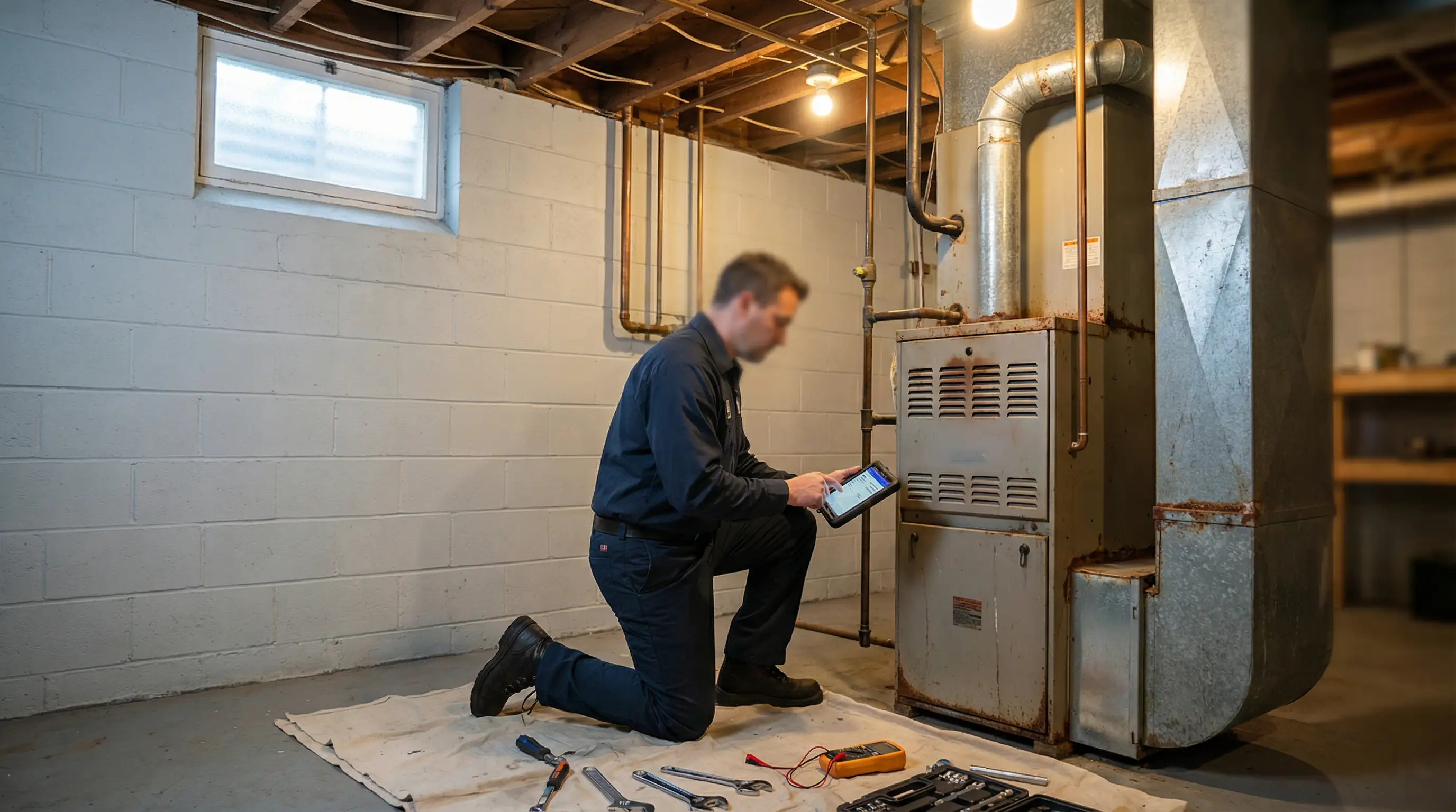 Professional HVAC technician servicing aging furnace in Dayton, OH suburban home basement