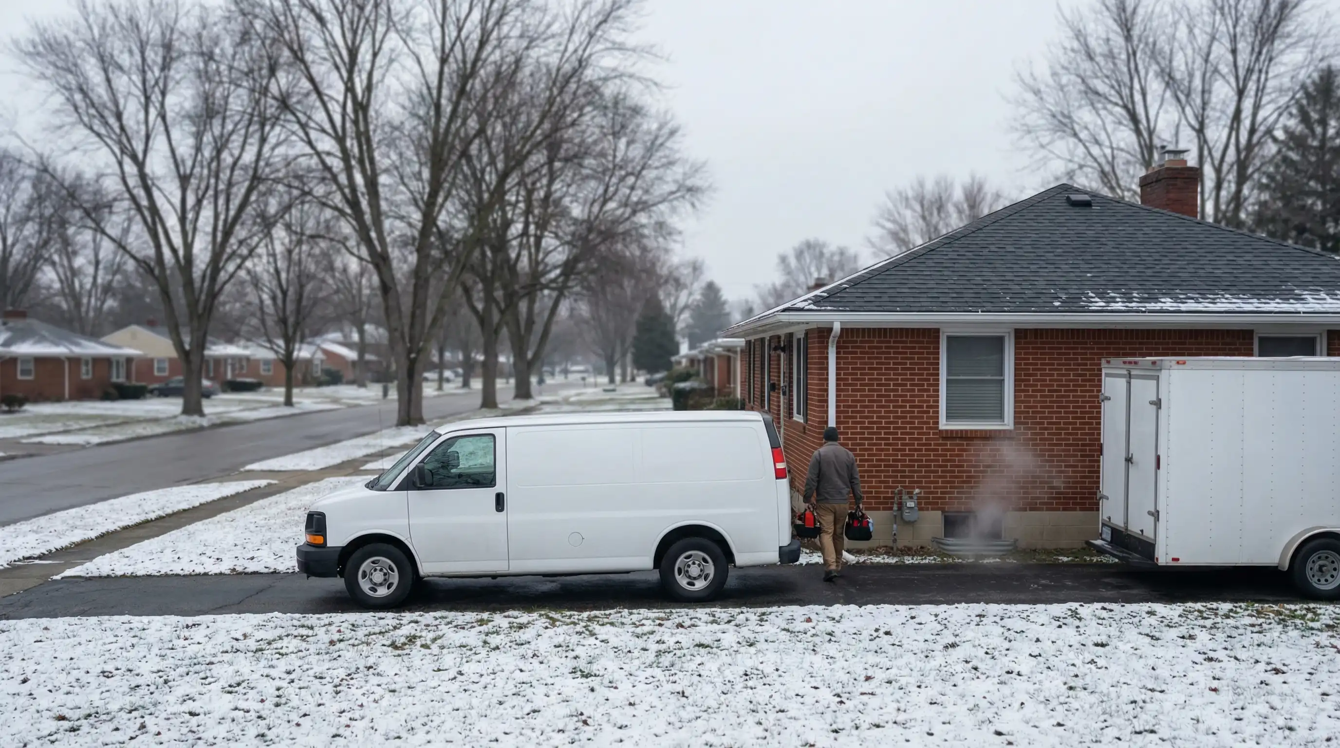 Professional HVAC technician servicing aging furnace in Dayton, OH suburban home basement