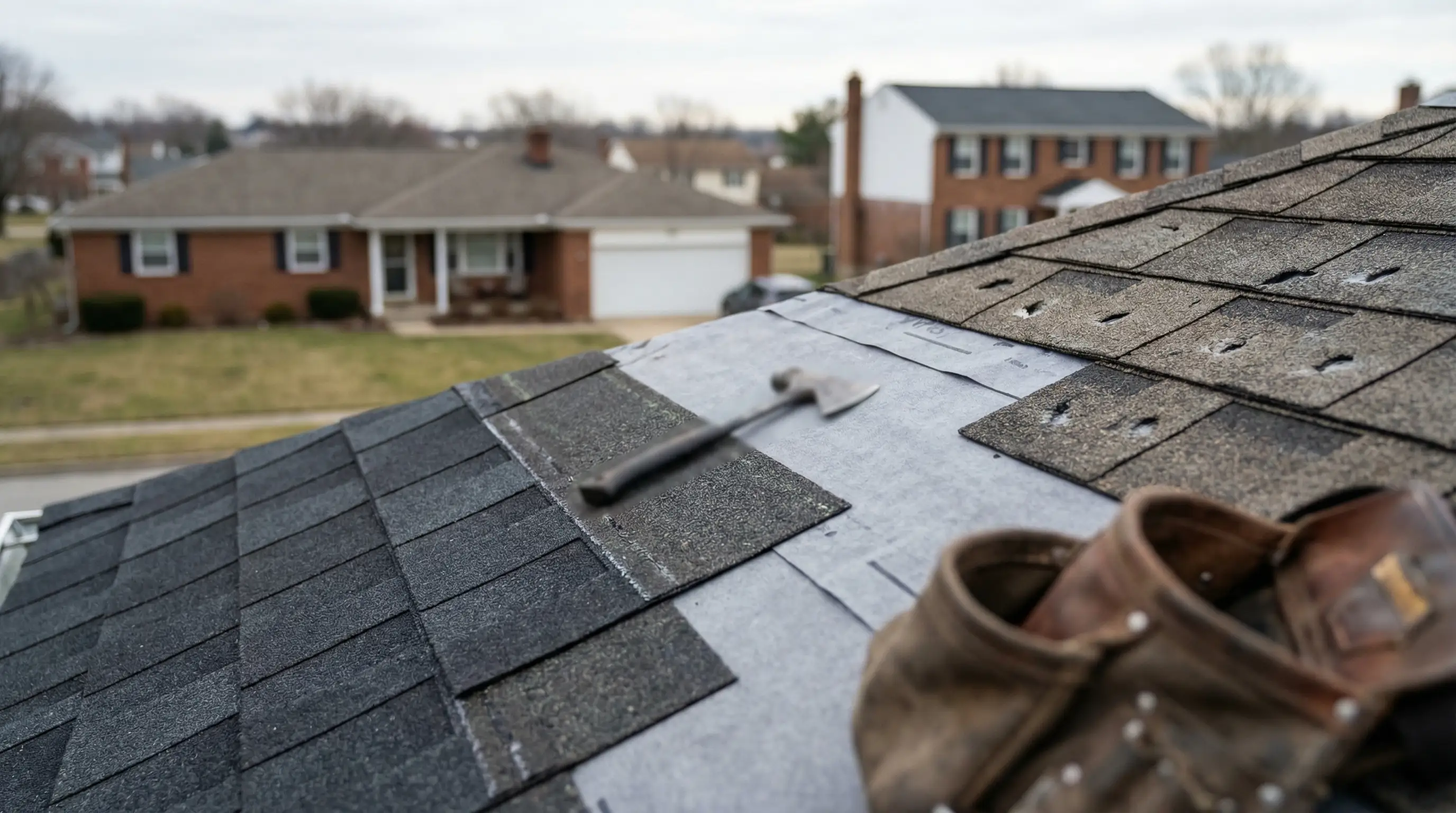 Roofing contractor installing dimensional shingles on aging Dayton, OH residential home after storm damage