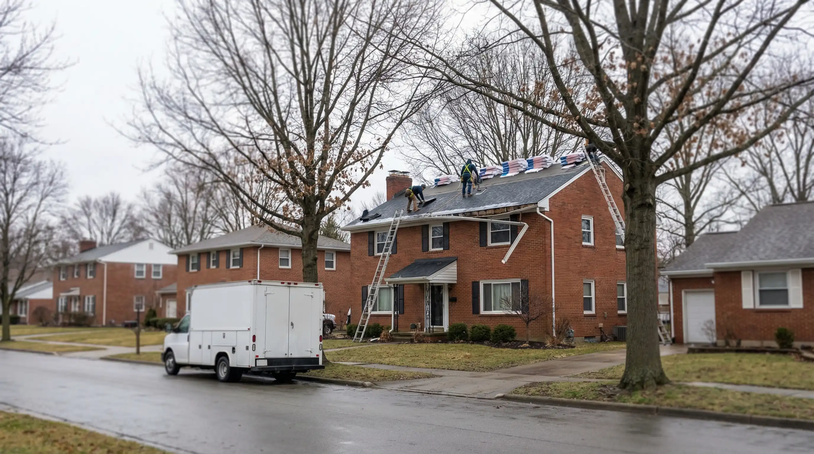 Roofing contractor installing dimensional shingles on aging Dayton, OH residential home after storm damage