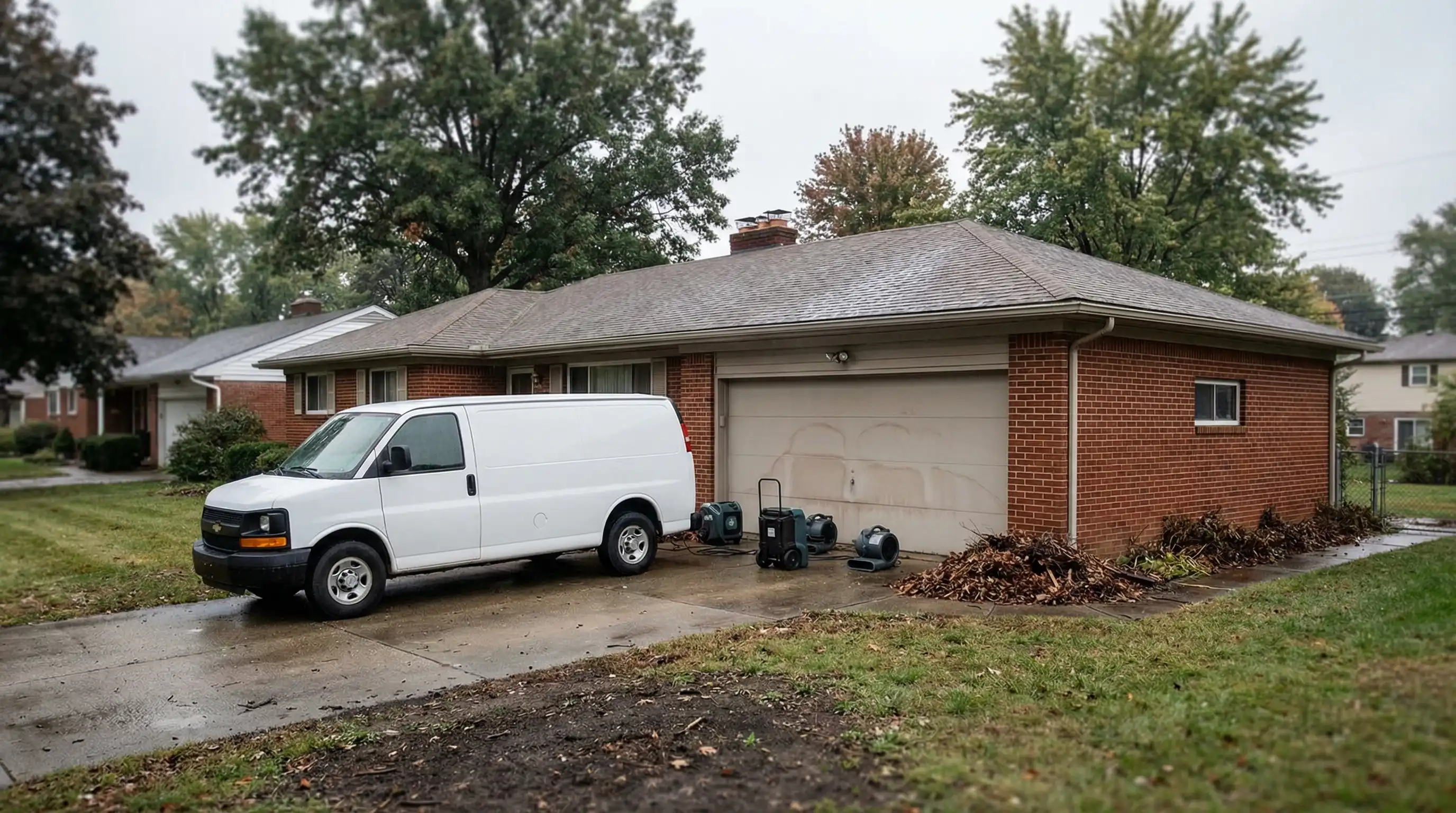 Water damage restoration technician operating drying equipment in flooded Dayton, OH basement