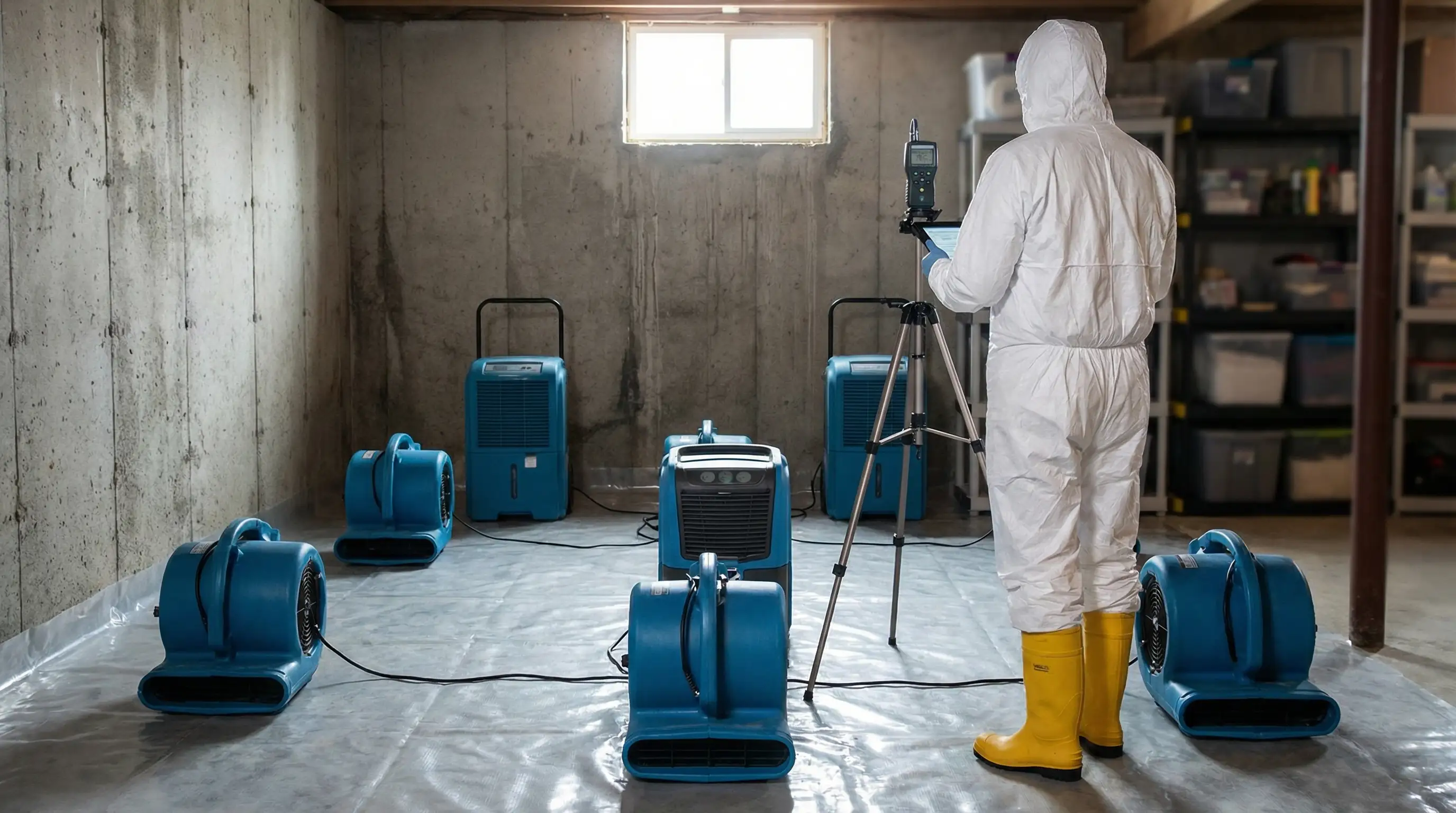 Water damage restoration technician operating drying equipment in flooded Dayton, OH basement