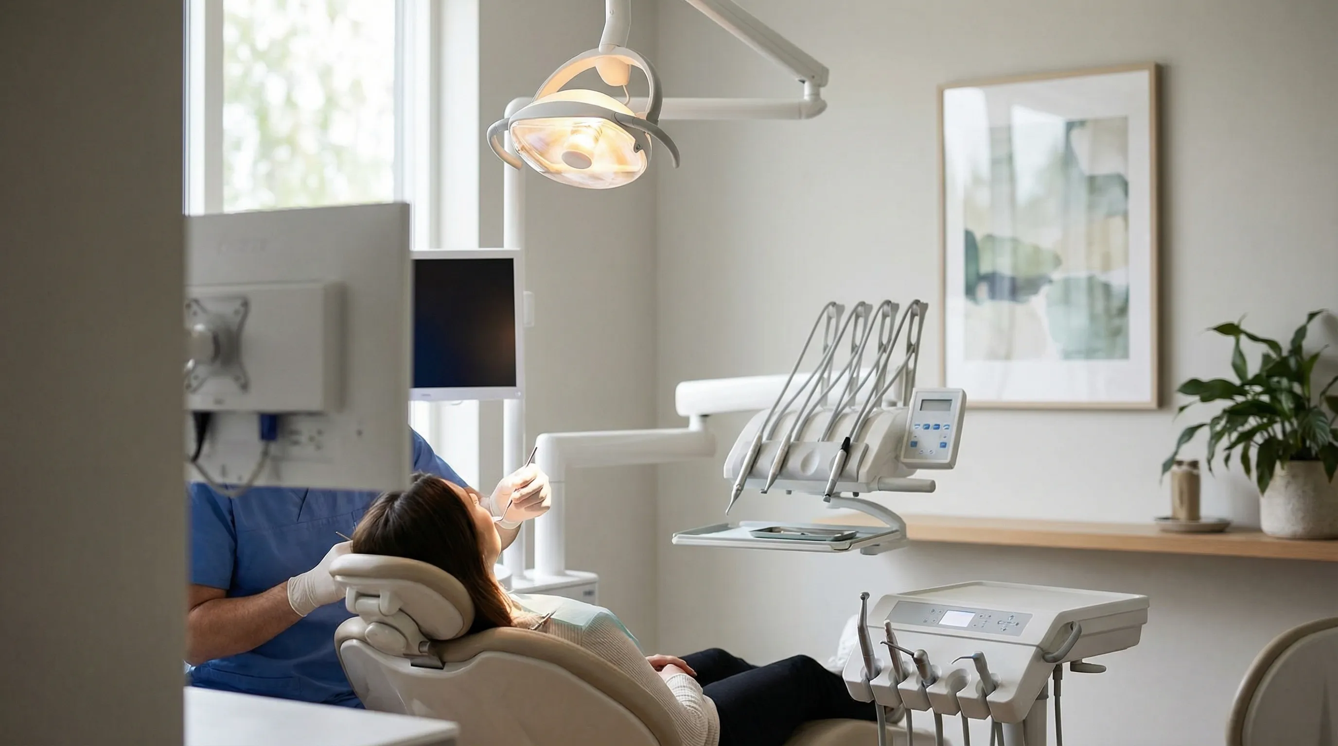 Dentist examining patient in modern dental office in Dayton, OH suburban practice setting