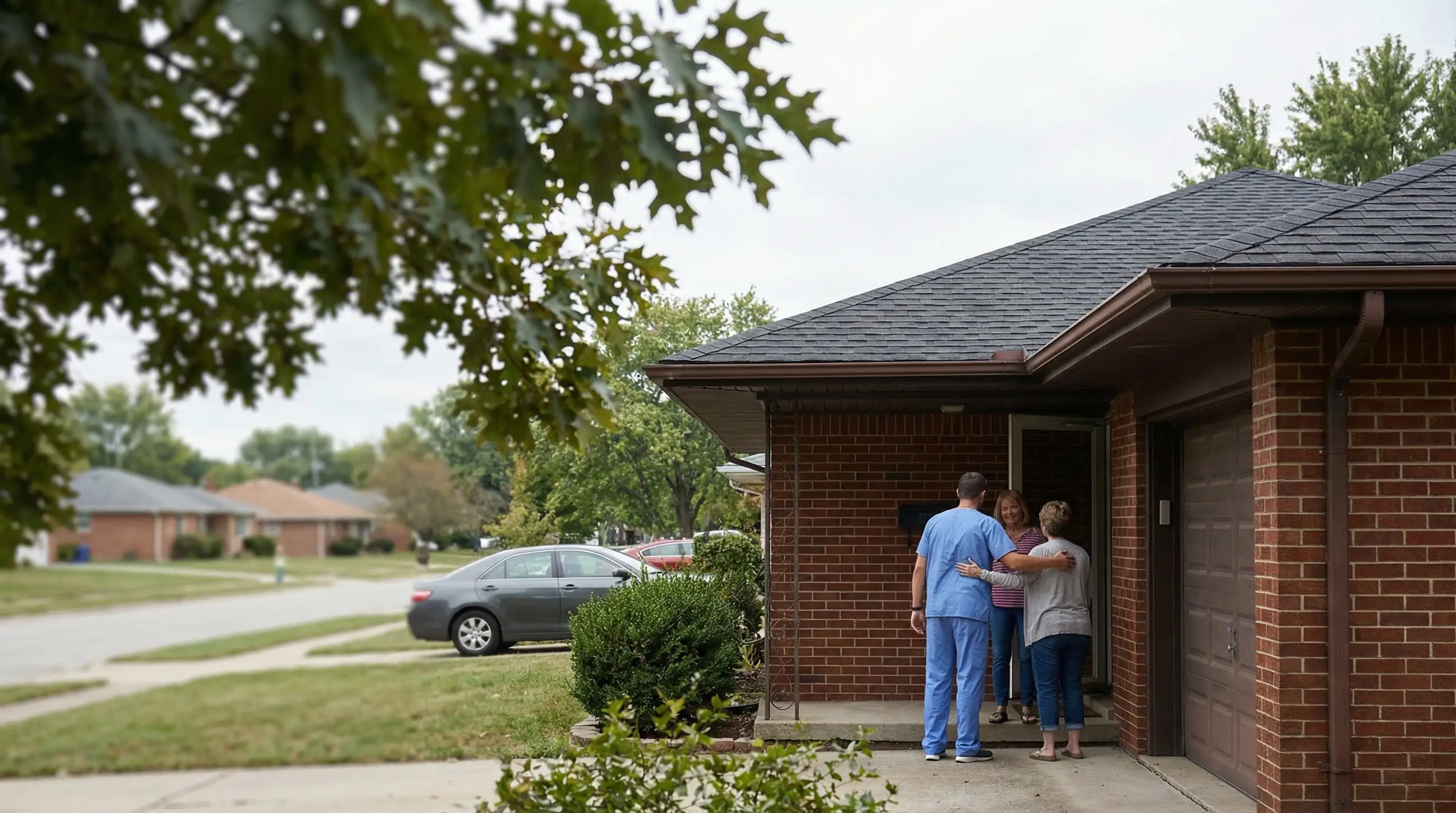Professional in-home caregiver assisting an elderly man at a kitchen table in a suburban Dayton, OH home
