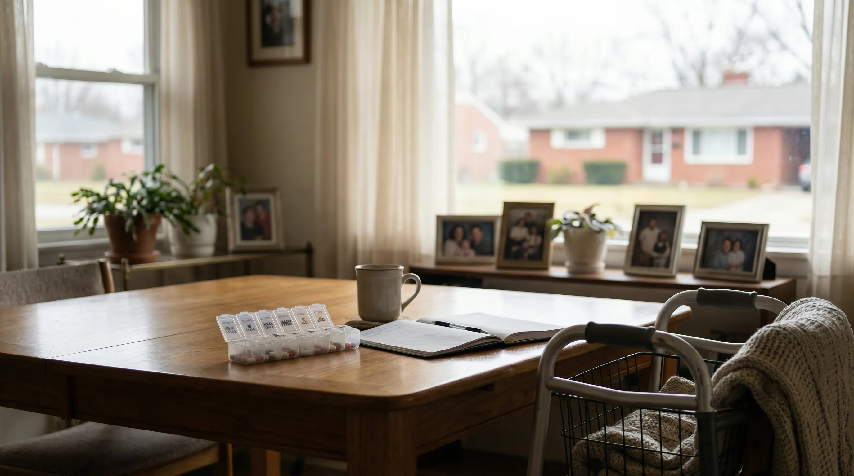 Professional in-home caregiver assisting an elderly man at a kitchen table in a suburban Dayton, OH home