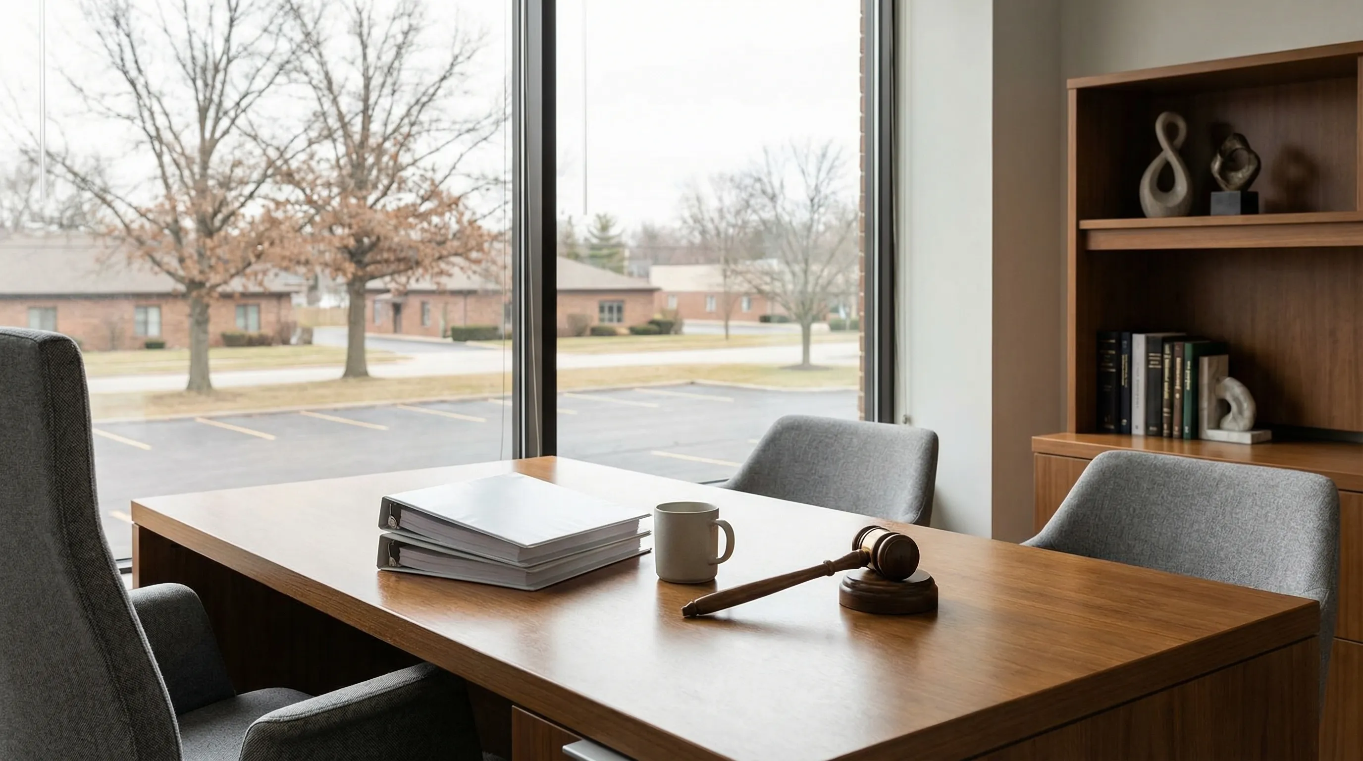 Professional personal injury attorney in a consultation room in Dayton, OH with clients at a conference table