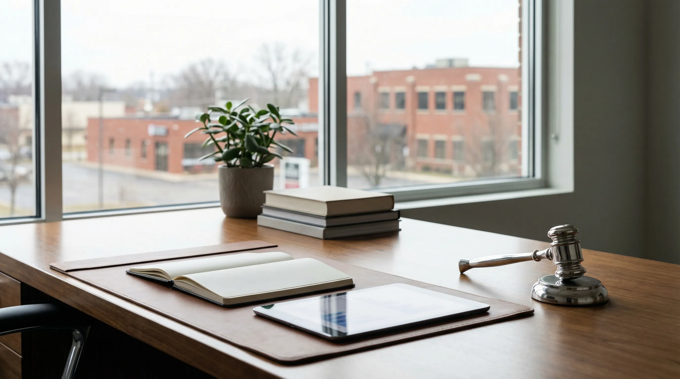 Professional personal injury attorney in a consultation room in Dayton, OH with clients at a conference table