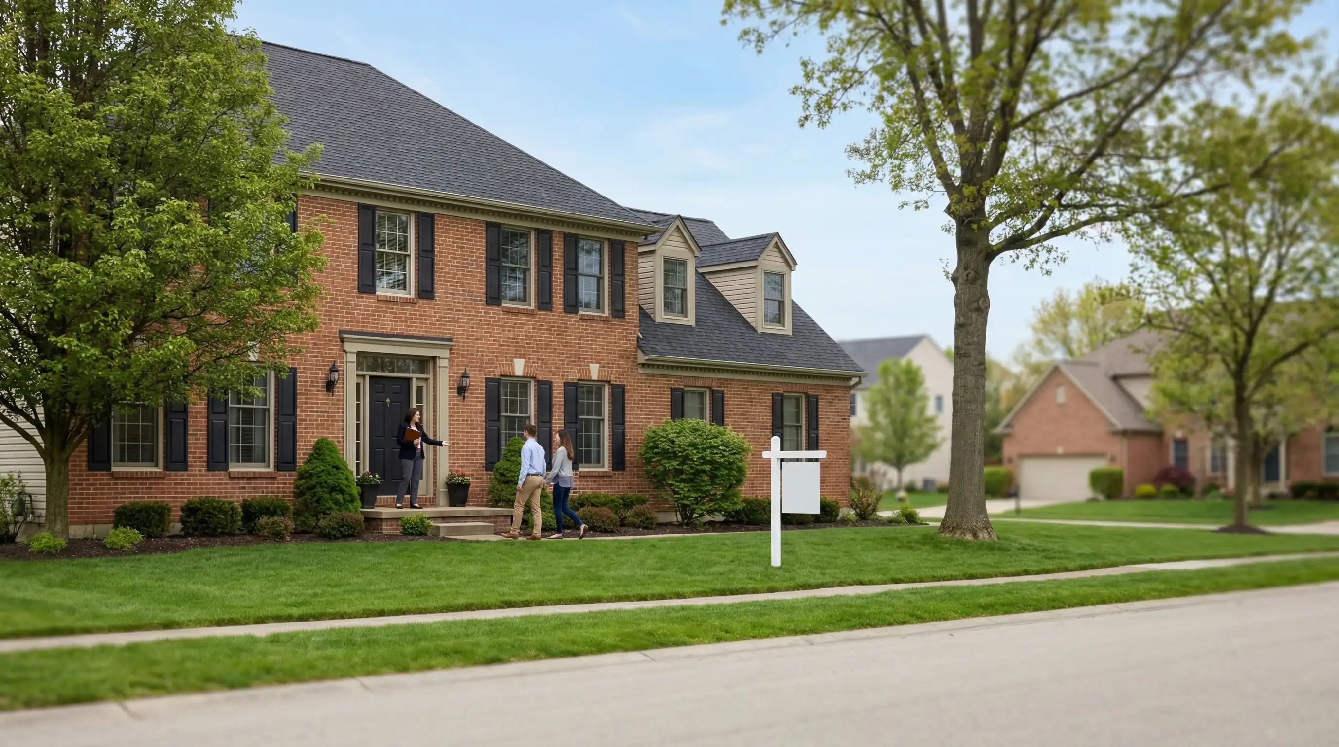 Real estate agent showing a suburban home to buyers on a sunny day in Dayton, OH