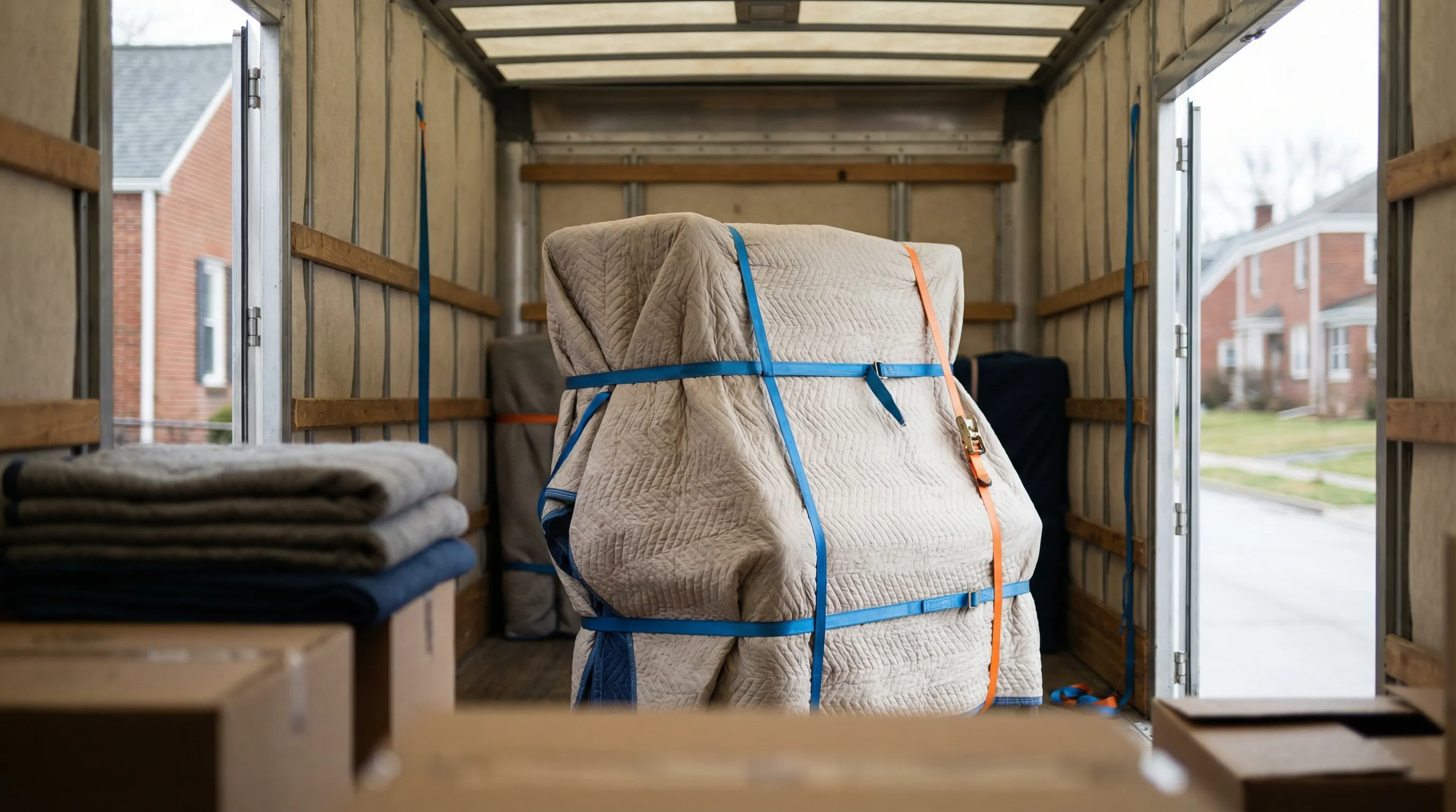 Professional movers loading a moving truck on a suburban street in Dayton, OH on a sunny day