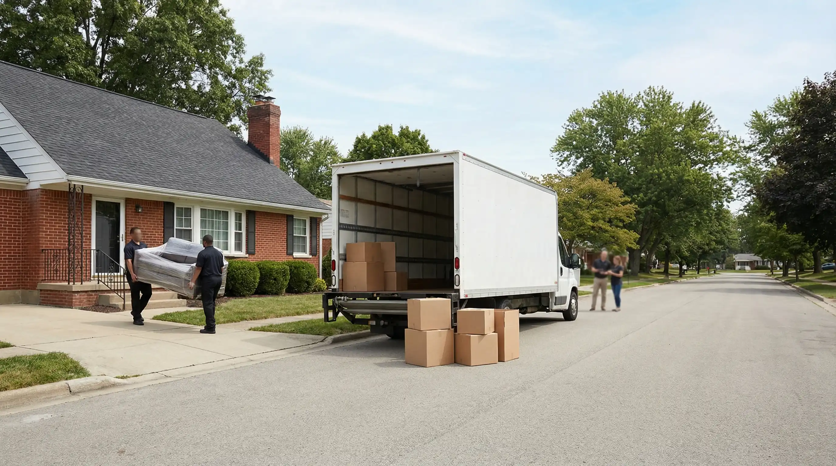 Professional movers loading a moving truck on a suburban street in Dayton, OH on a sunny day