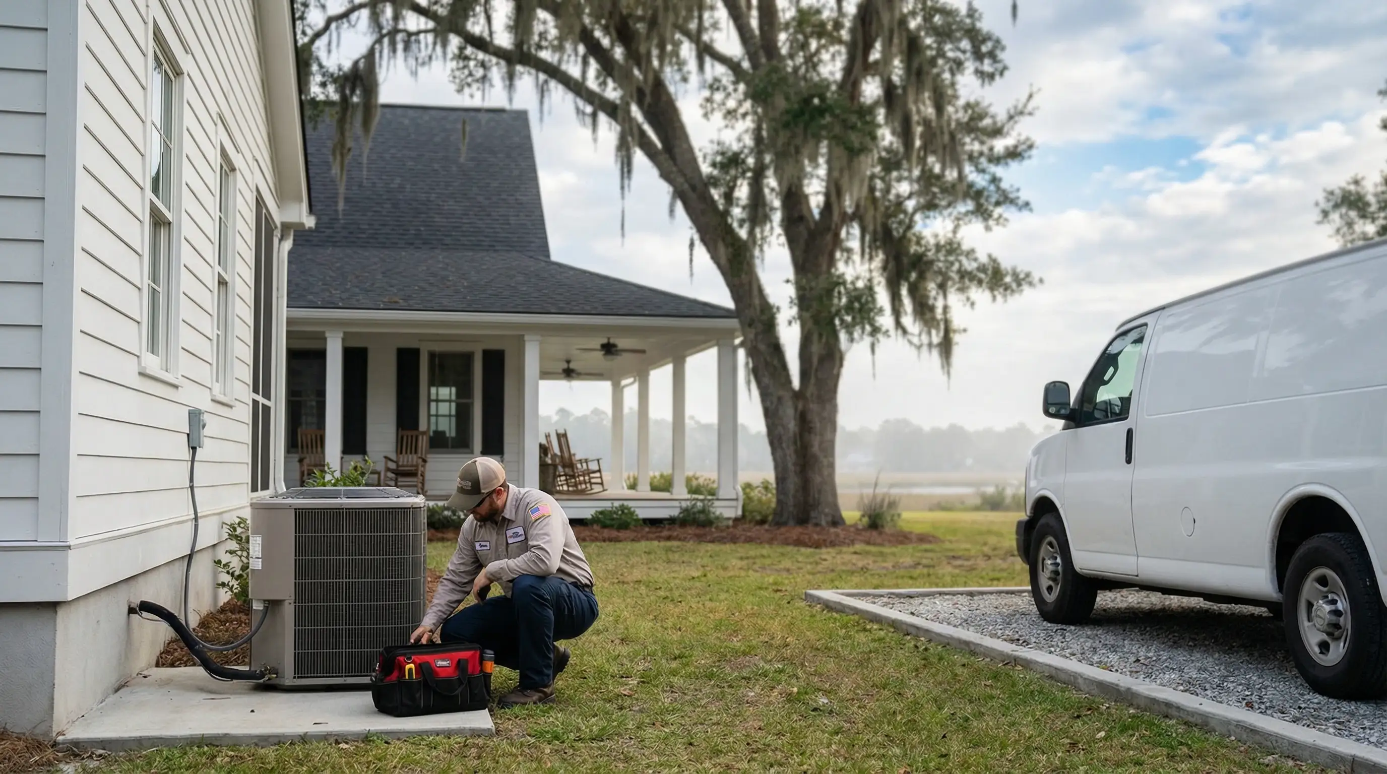 Professional HVAC technician servicing a heat pump unit at a coastal-style home in Wilmington, NC