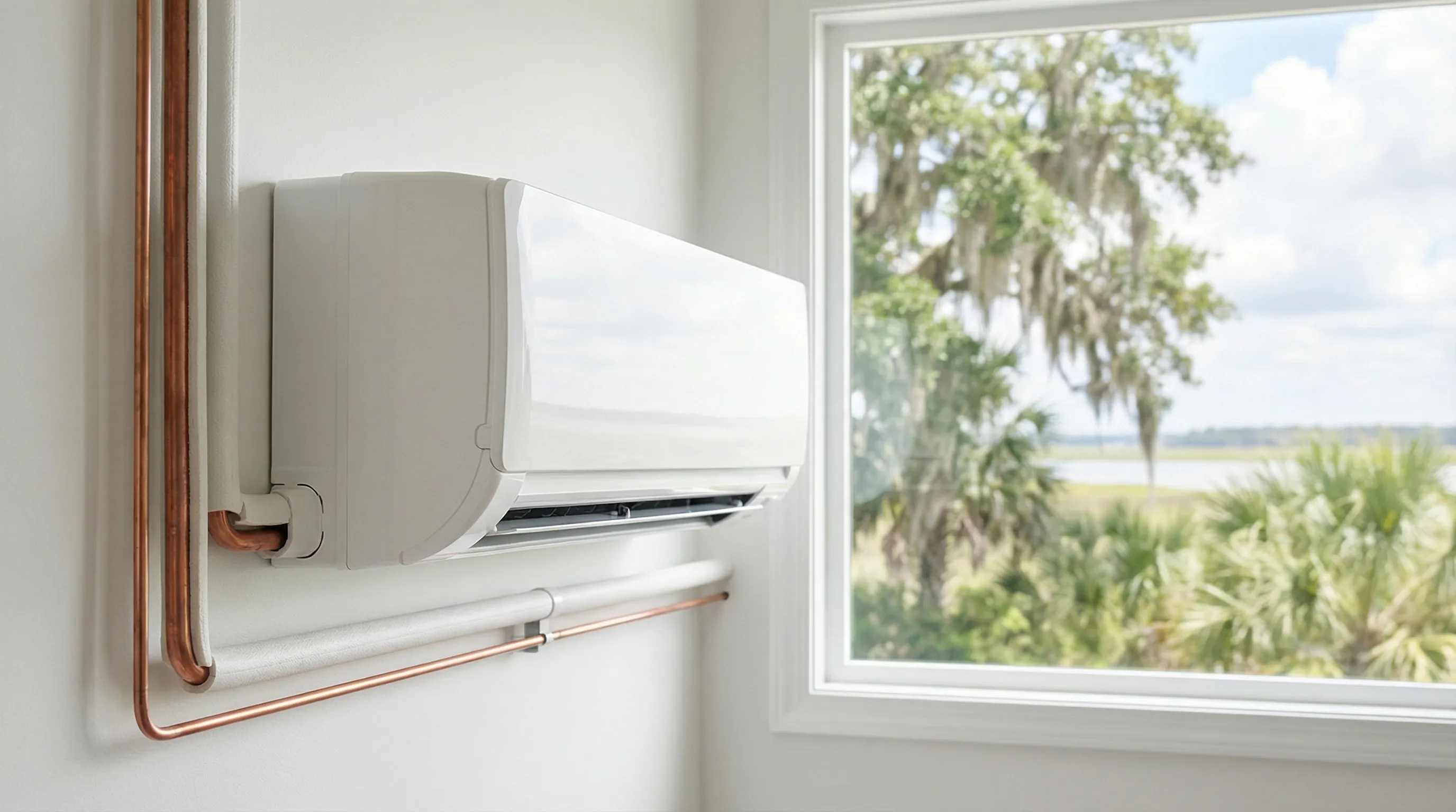 Professional HVAC technician servicing a heat pump unit at a coastal-style home in Wilmington, NC