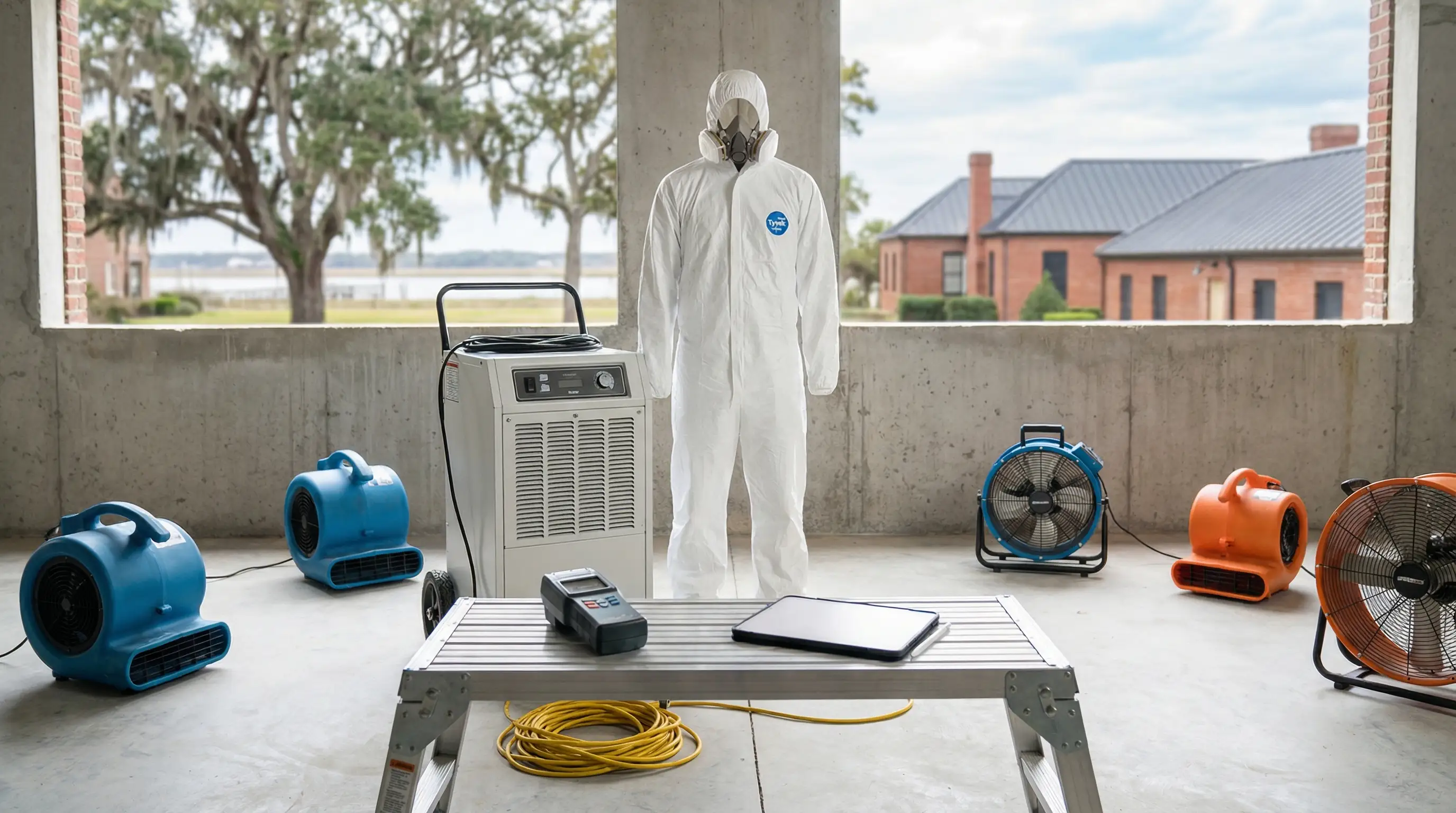 Water damage restoration technician operating industrial dehumidifier in a flooded Wilmington, NC home after a coastal storm event