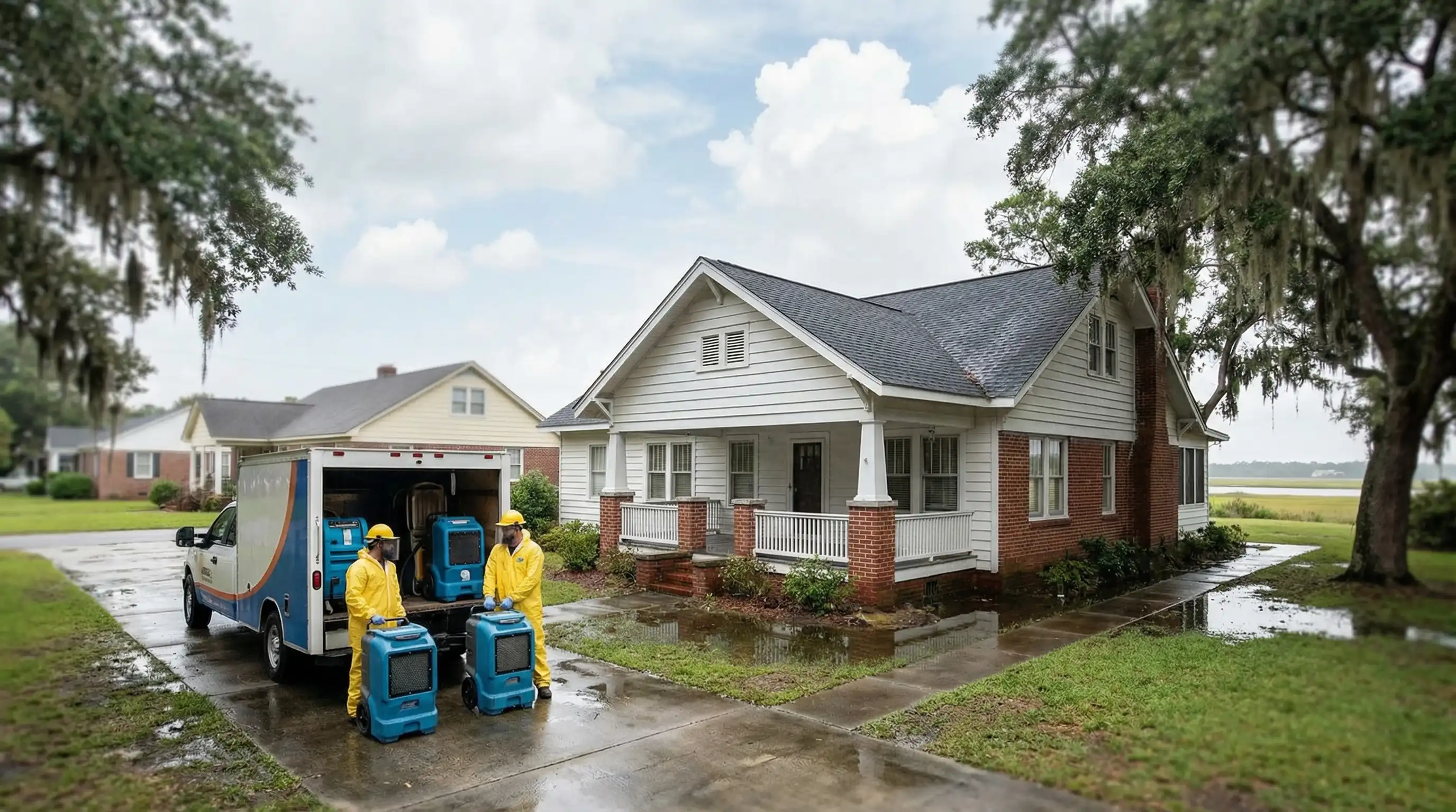 Water damage restoration technician operating industrial dehumidifier in a flooded Wilmington, NC home after a coastal storm event