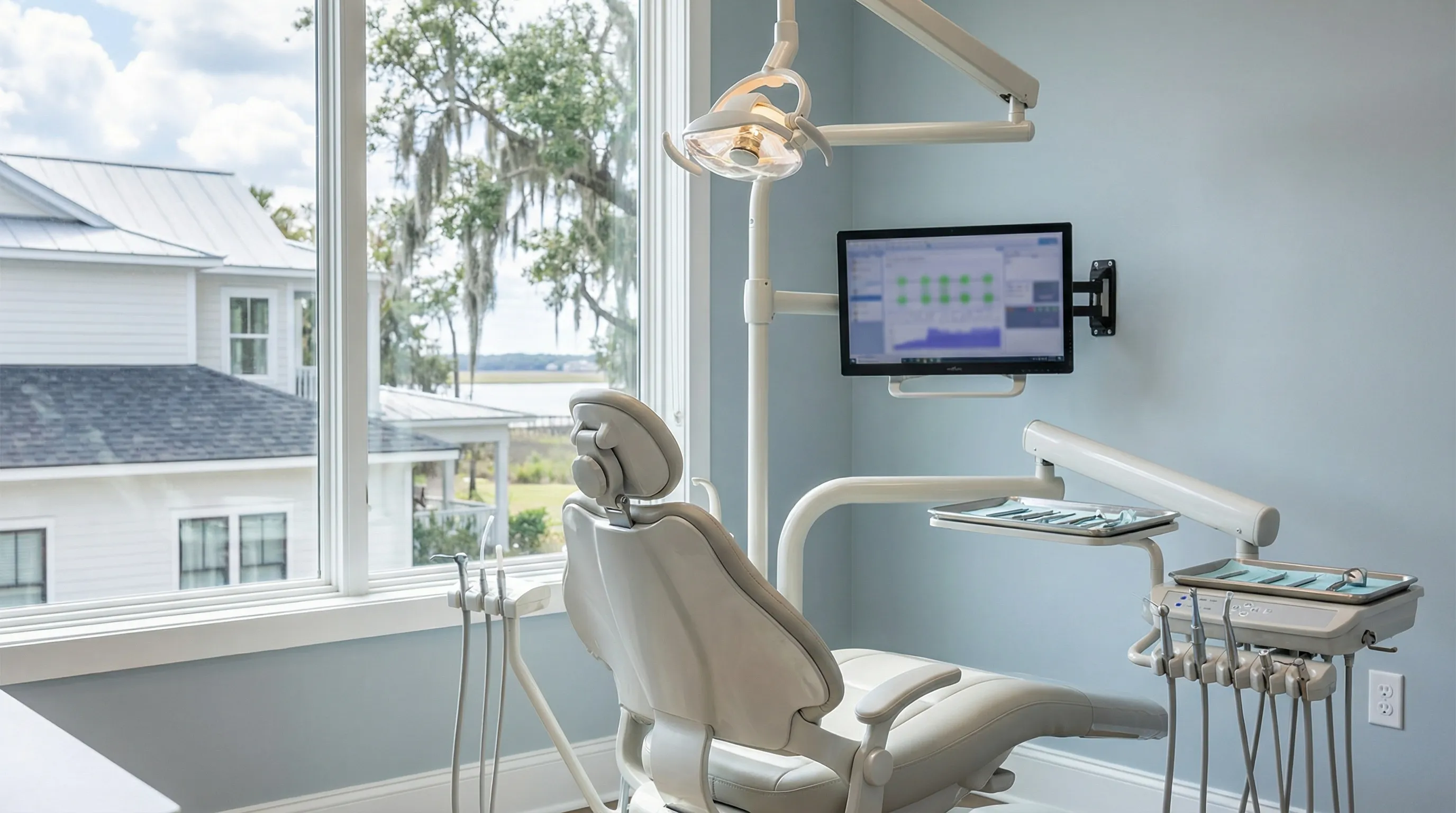 Professional dental consultation at a modern coastal dental practice in Wilmington, NC with attentive dentist and patient in a bright clinical setting