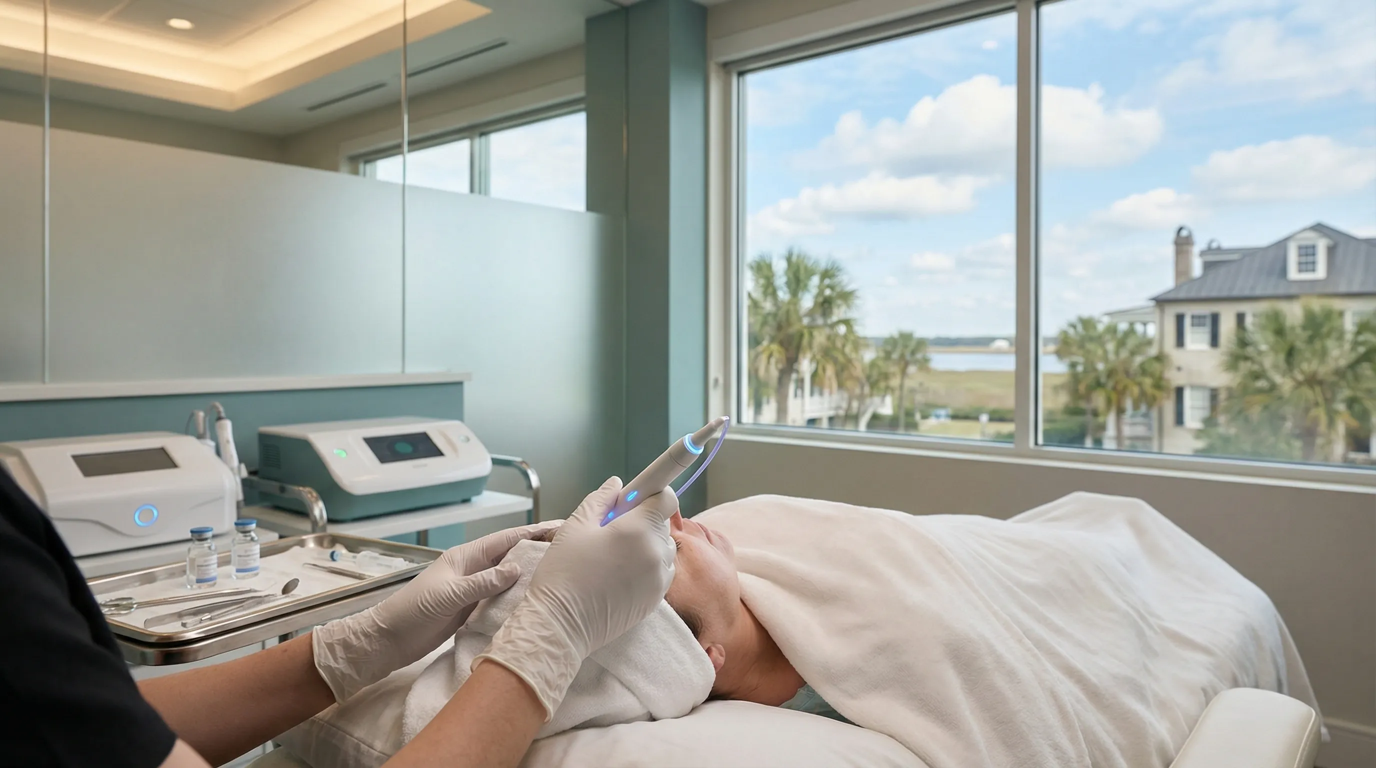 Aesthetic professional performing injectable treatment in a premium coastal medspa in Wilmington, NC with clinical precision and calm environment