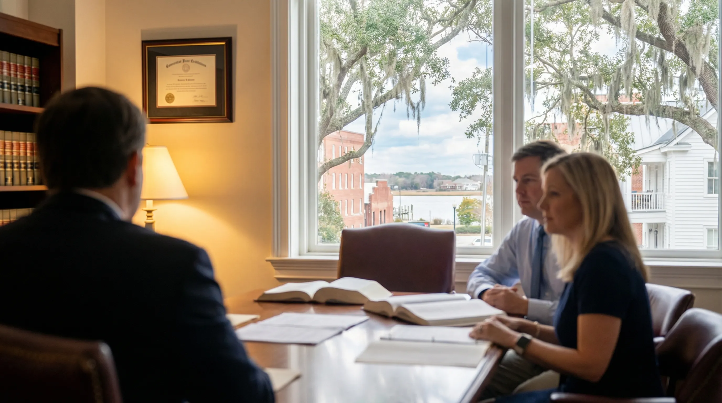 Professional attorney consultation at a Wilmington, NC law office with historic downtown coastal architecture visible through office windows