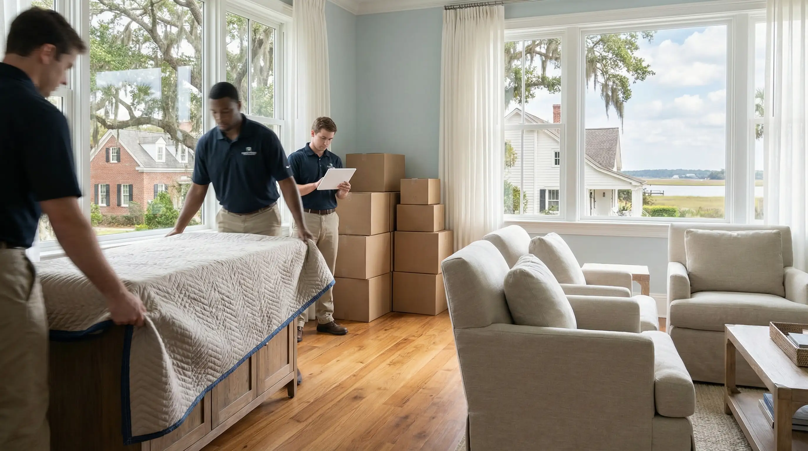 Professional moving crew carefully loading furniture from a coastal craftsman home on a tree-lined street in Wilmington, NC
