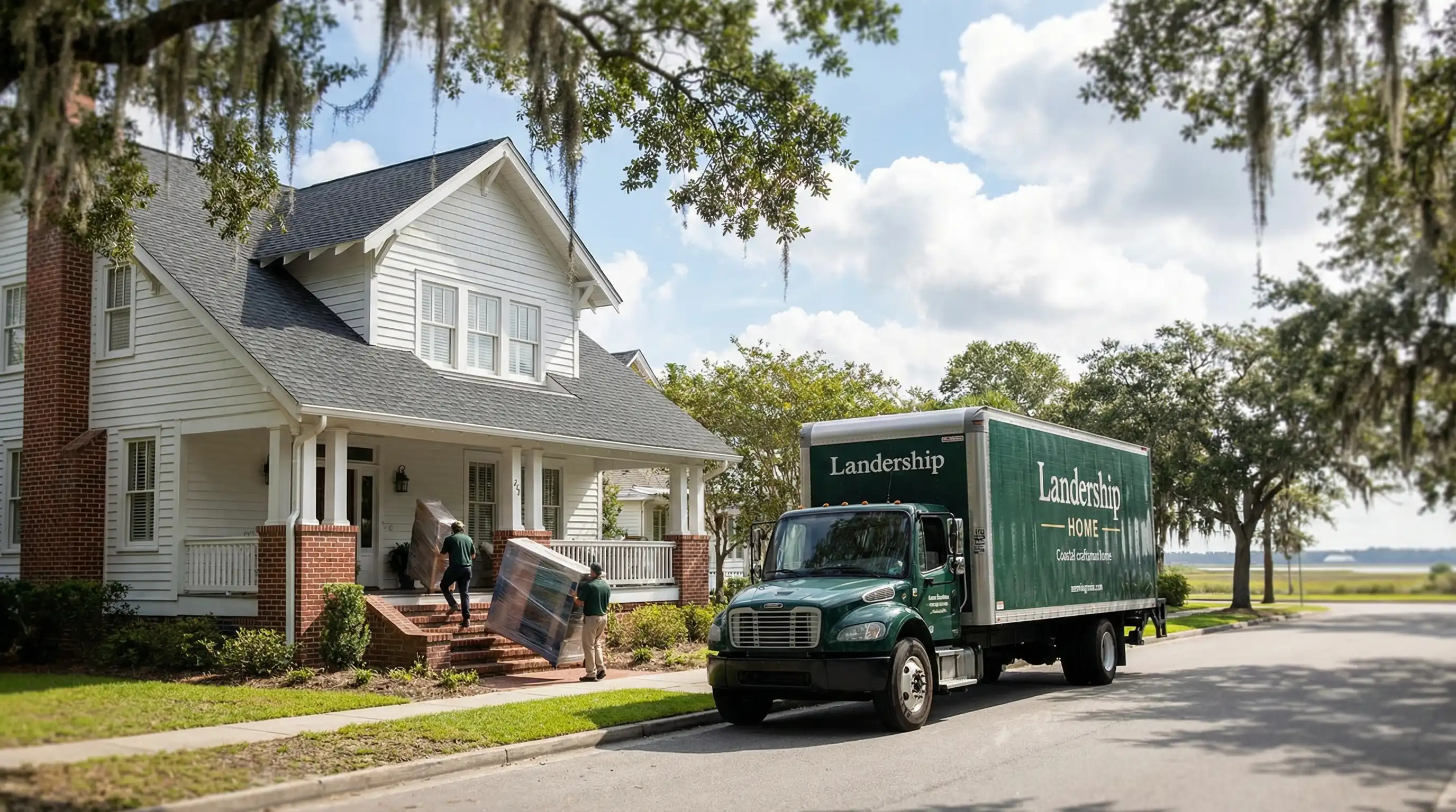 Professional moving crew carefully loading furniture from a coastal craftsman home on a tree-lined street in Wilmington, NC