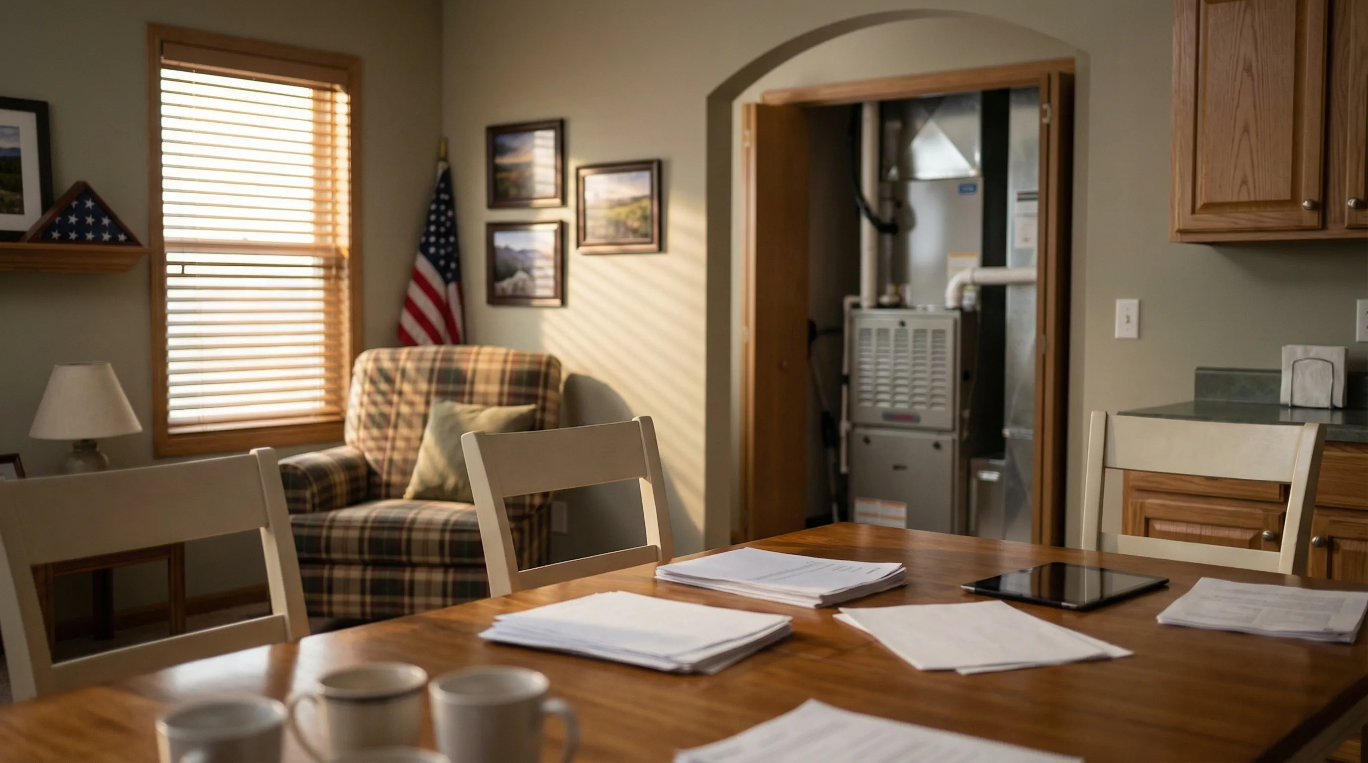 Professional HVAC technician servicing outdoor condenser unit at a brick ranch home in Topeka, KS, with Kansas State Capitol dome visible in the distance