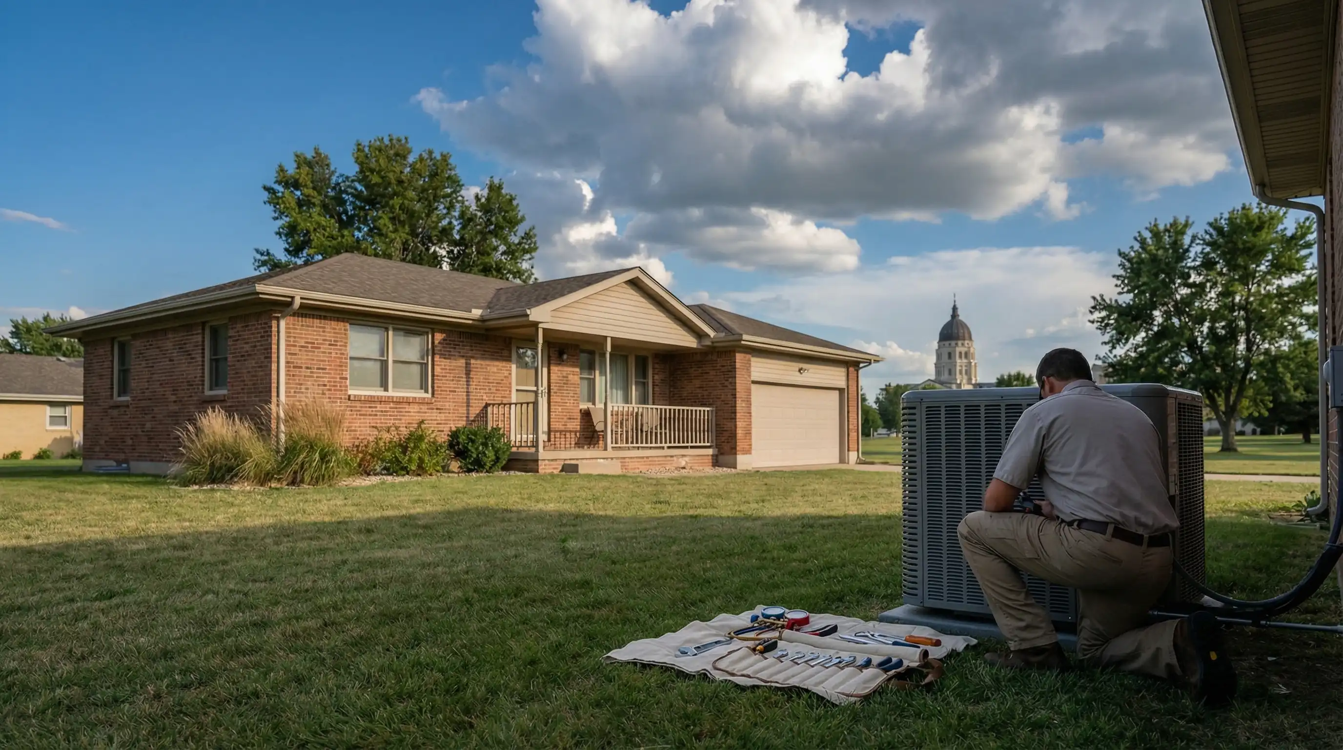 Professional HVAC technician servicing outdoor condenser unit at a brick ranch home in Topeka, KS, with Kansas State Capitol dome visible in the distance