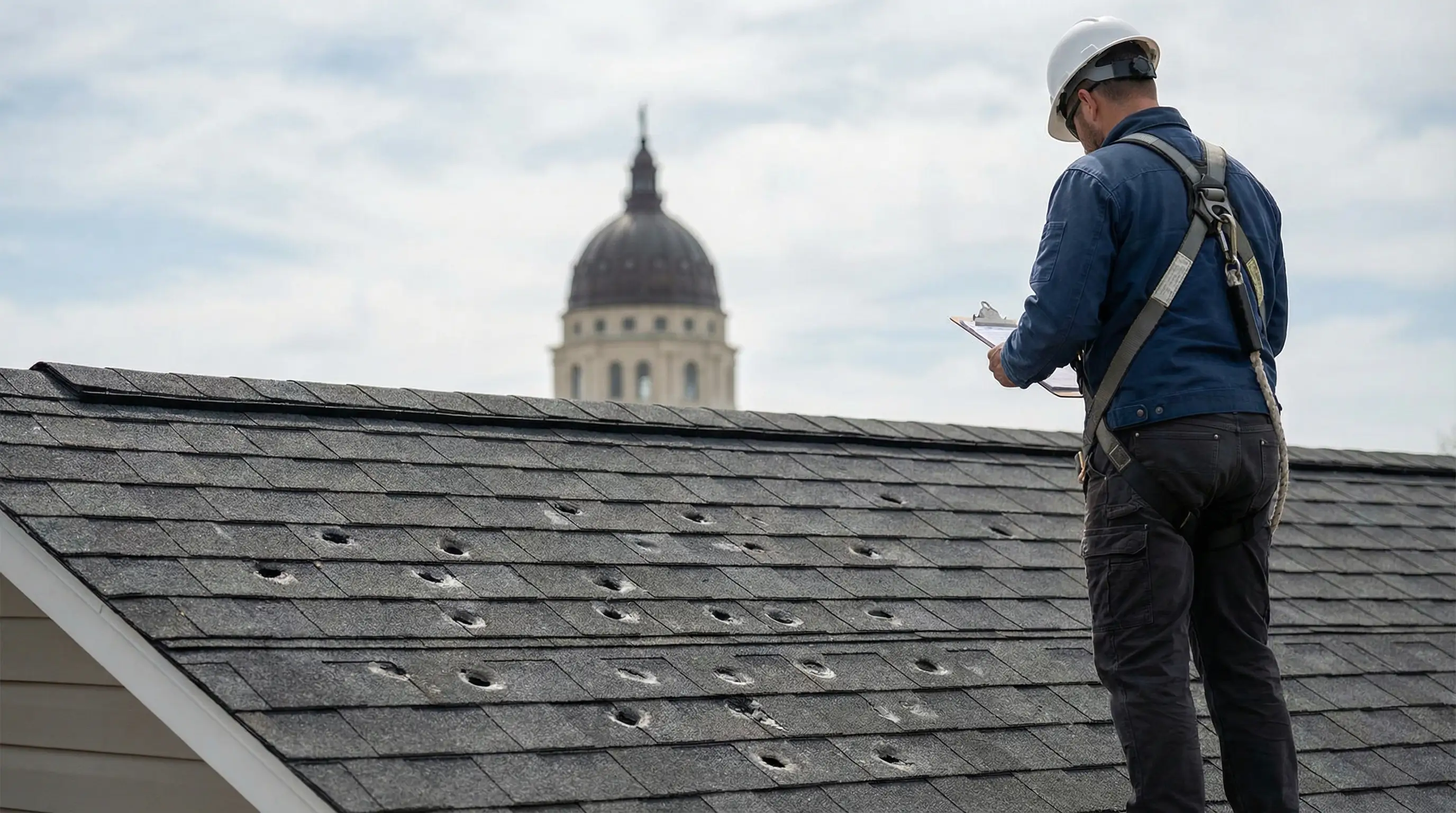 Professional roofing contractor inspecting hail damage on an asphalt shingle roof in Topeka, KS, with the Kansas State Capitol dome visible against the prairie sky