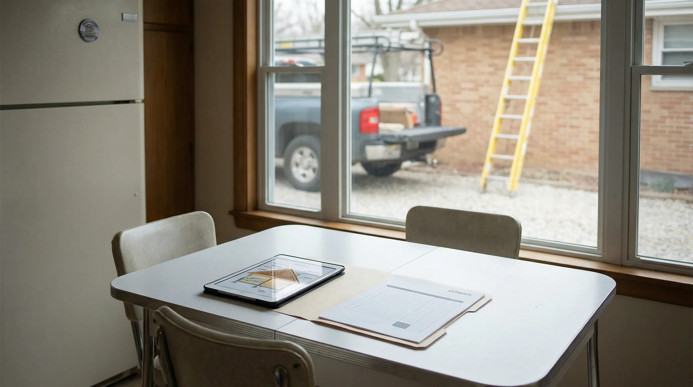 Professional roofing contractor inspecting hail damage on an asphalt shingle roof in Topeka, KS, with the Kansas State Capitol dome visible against the prairie sky