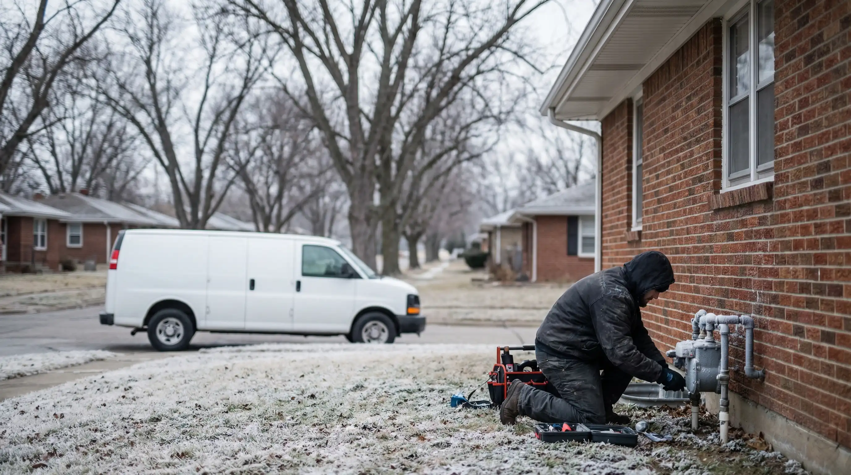 Licensed plumber working on frozen pipe repair outside a brick ranch home in Topeka, KS, on a cold Kansas winter day with frost on the ground
