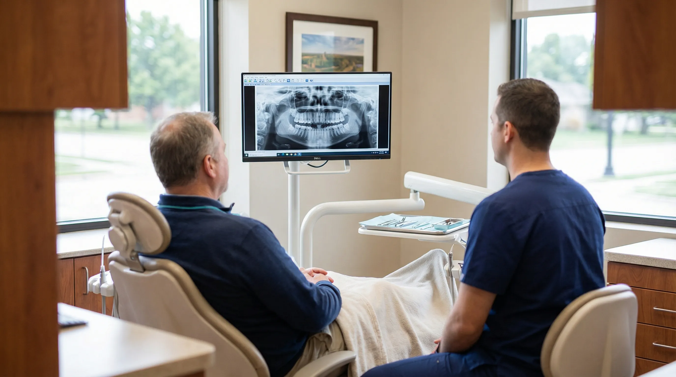 Friendly dentist in scrubs reviewing a digital X-ray with a patient in a modern dental operatory at a Topeka, KS dental practice
