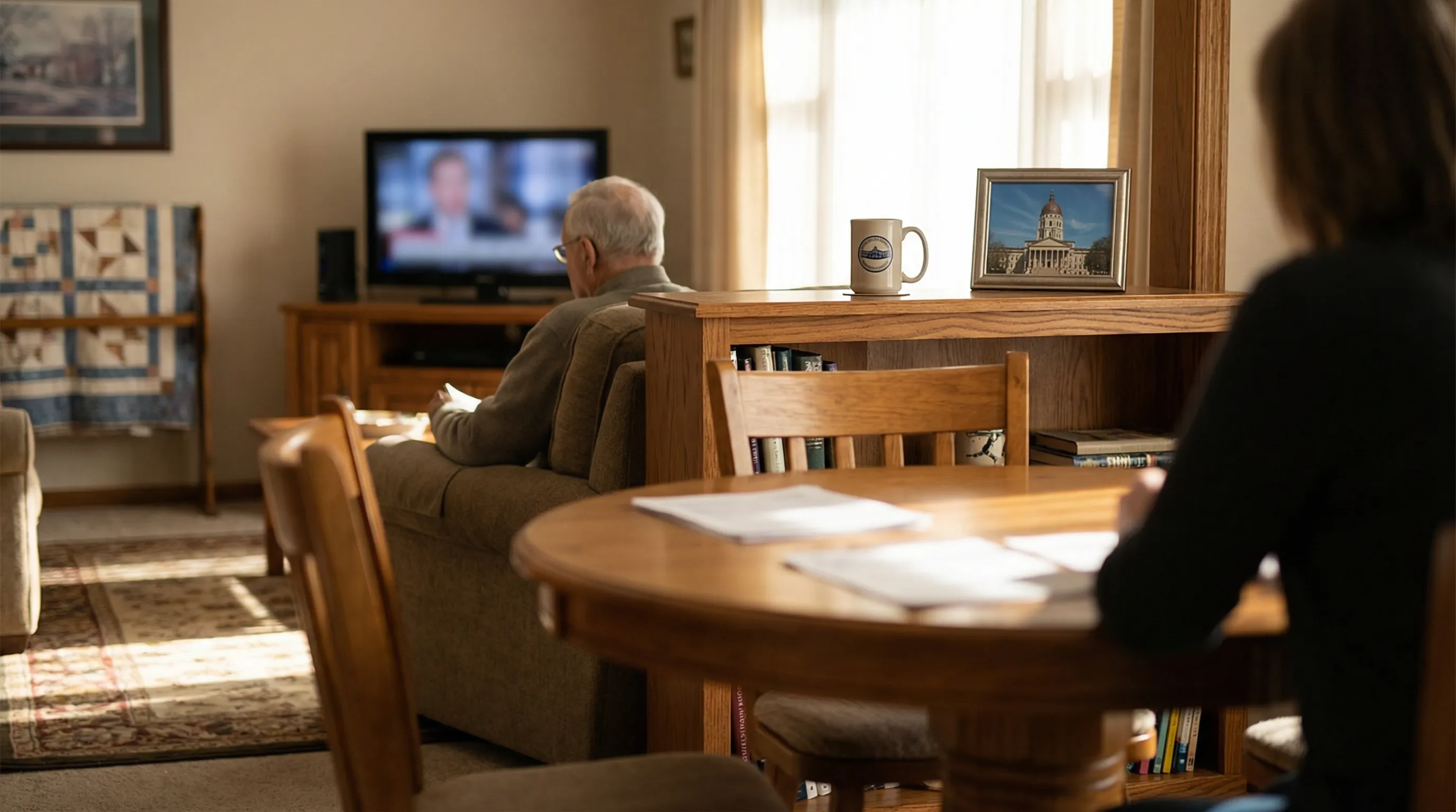 Home care aide visiting with a senior woman at her brick ranch home in a quiet Topeka, KS neighborhood, with a warm Kansas afternoon sky visible through the window
