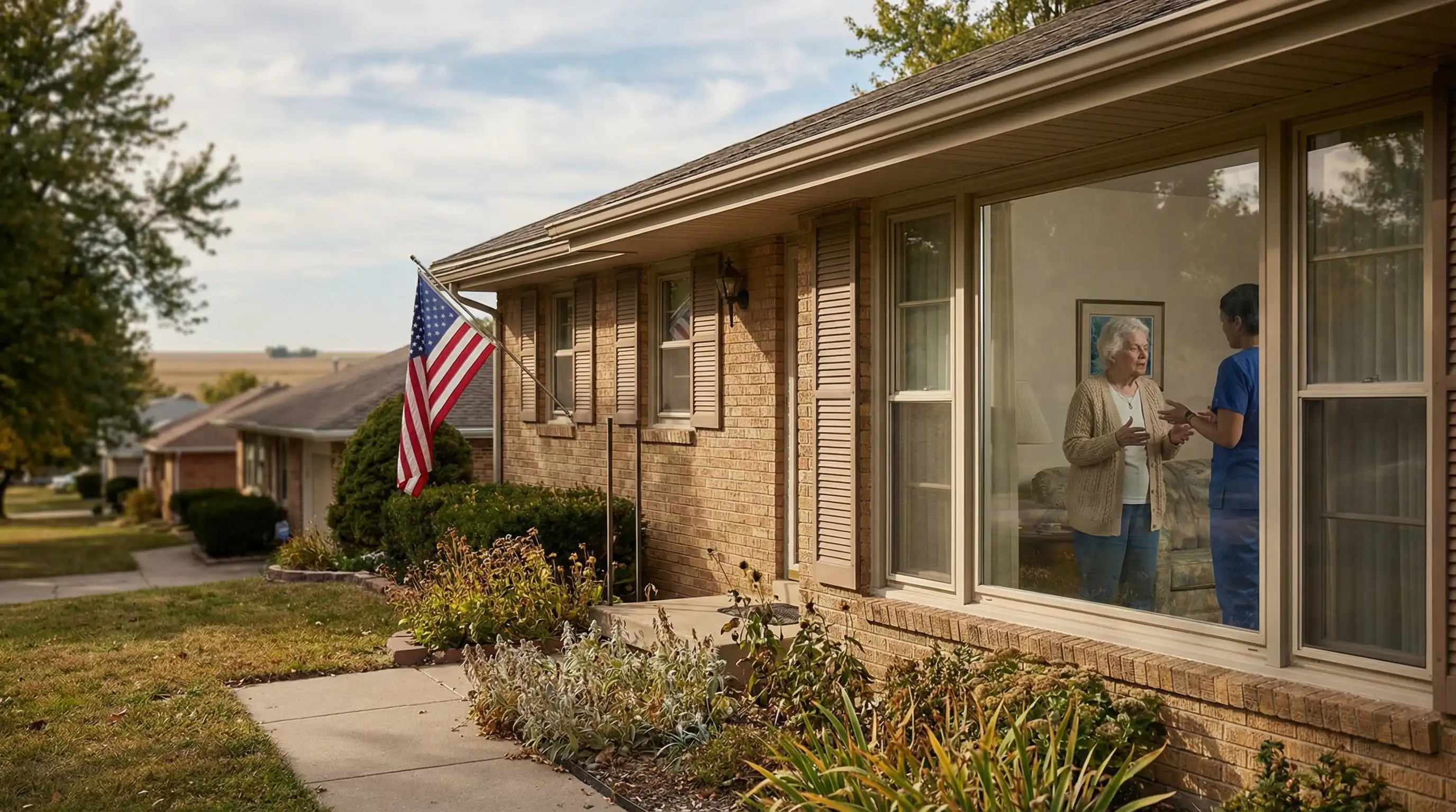 Home care aide visiting with a senior woman at her brick ranch home in a quiet Topeka, KS neighborhood, with a warm Kansas afternoon sky visible through the window