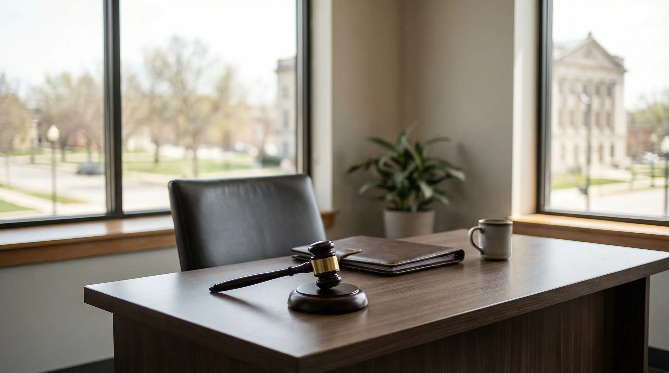 Professional personal injury attorney reviewing case documents at a limestone office building near the Topeka, KS courthouse, with the Kansas State Capitol visible in the background