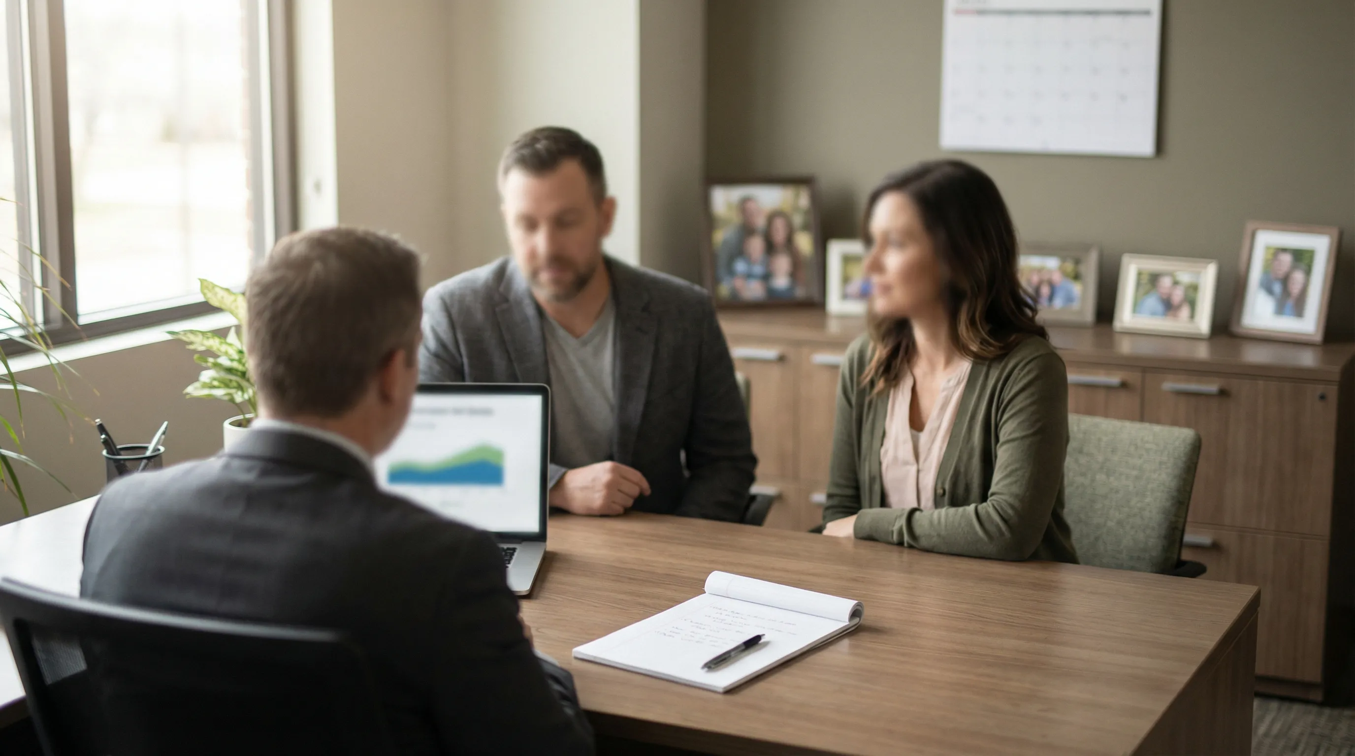 Financial advisor reviewing a KPERS retirement projection with a Kansas state employee couple at a professional office in Topeka, KS, with the State Capitol visible through the window