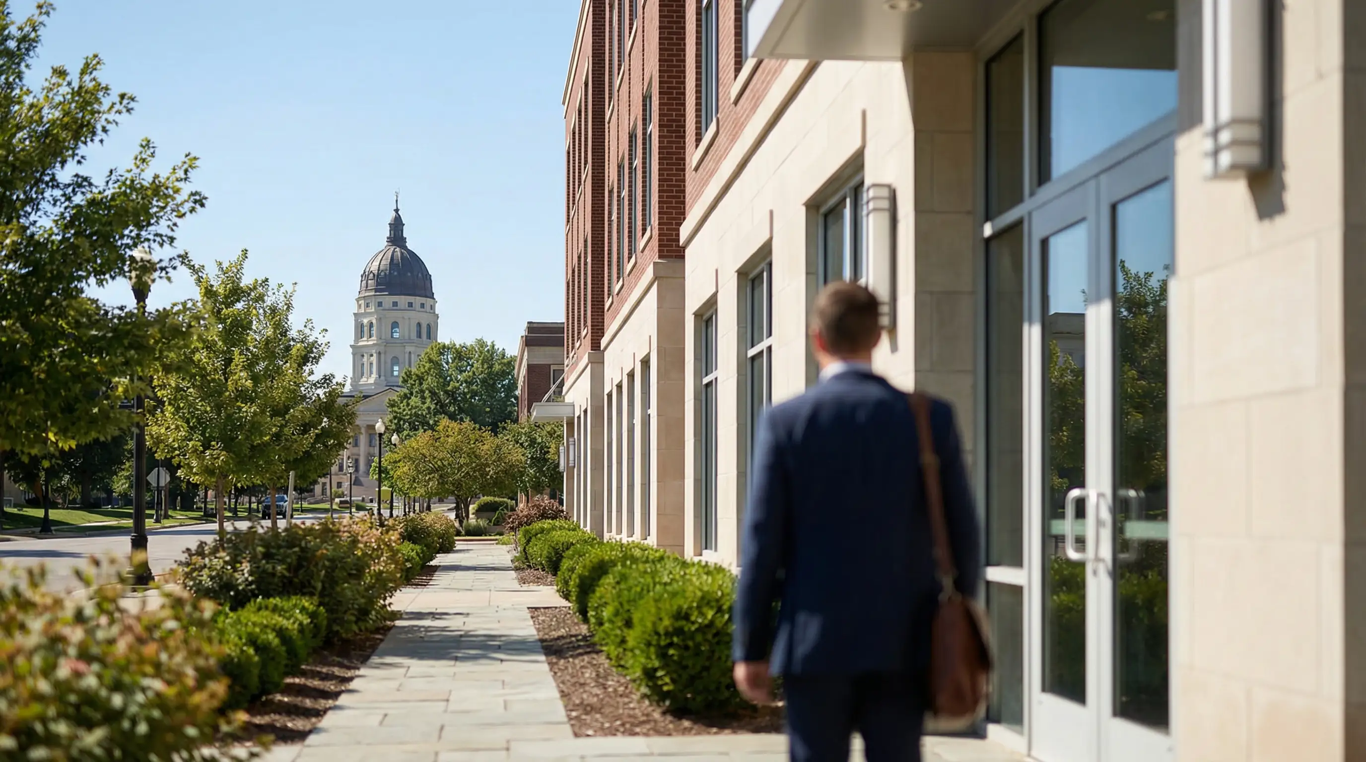 Financial advisor reviewing a KPERS retirement projection with a Kansas state employee couple at a professional office in Topeka, KS, with the State Capitol visible through the window