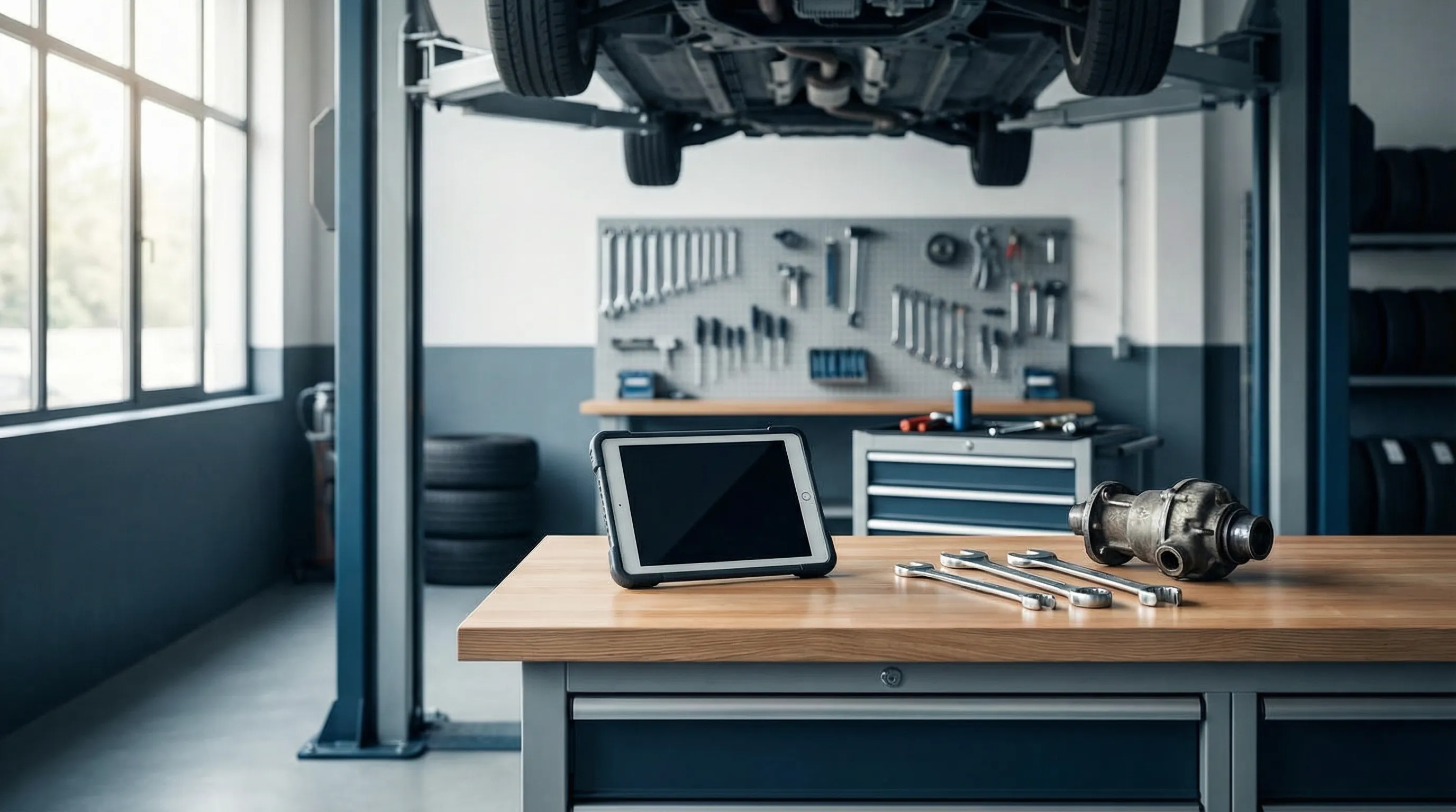 Experienced mechanic inspecting the underside of a vehicle on a lift inside a clean, well-organized auto repair shop in Topeka, KS, with Kansas license plate visible on the car