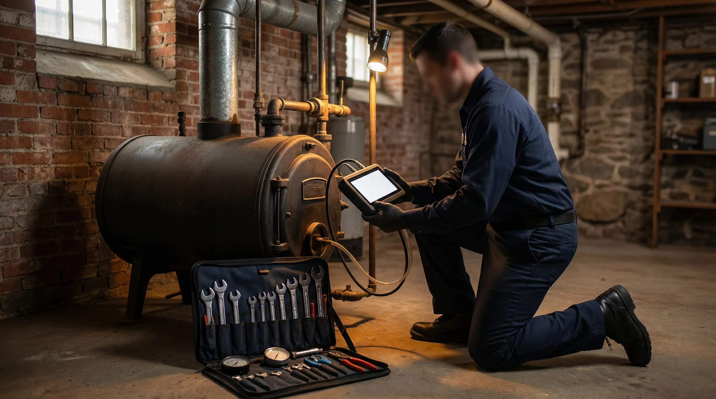 HVAC technician servicing a steam boiler in a pre-war Hartford, CT home basement in winter
