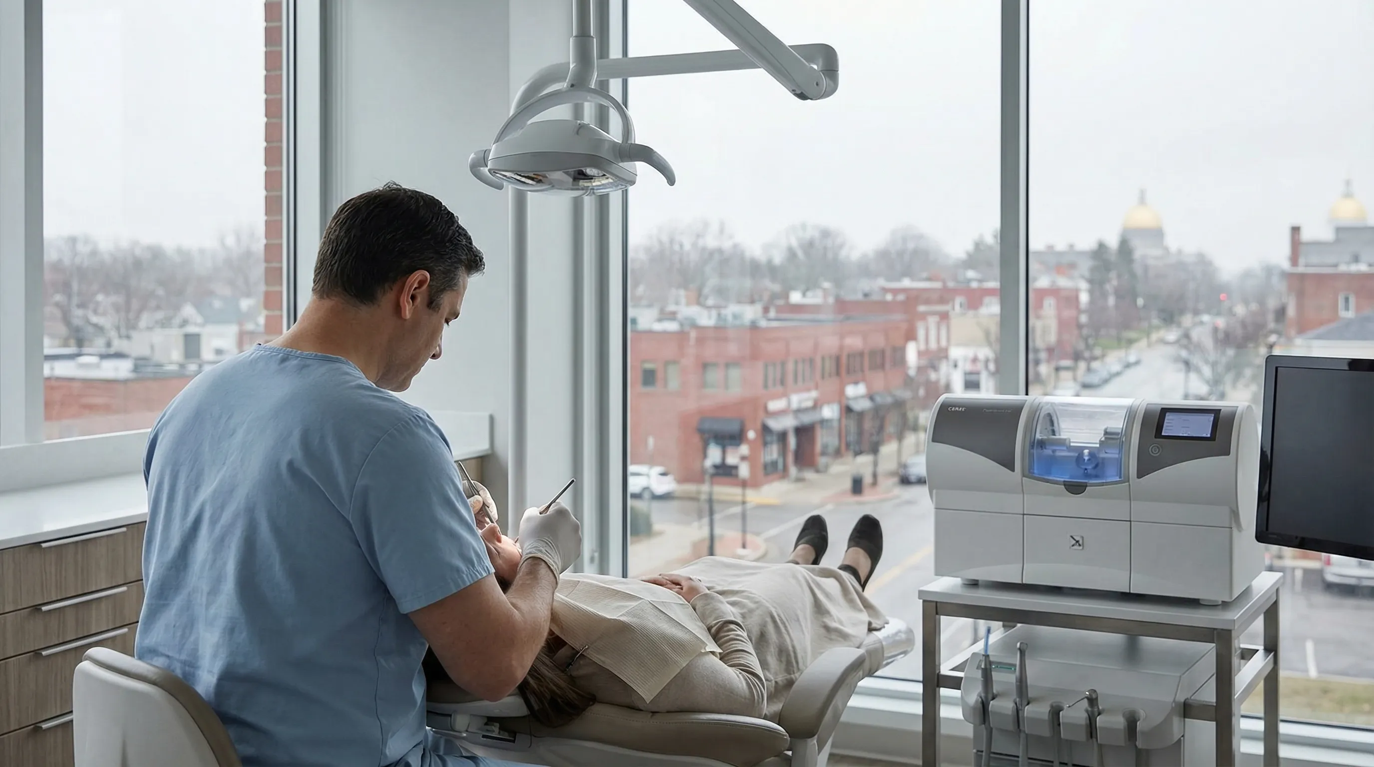 Modern dental practice consultation room in Hartford, CT suburb with dentist reviewing digital X-rays with patient