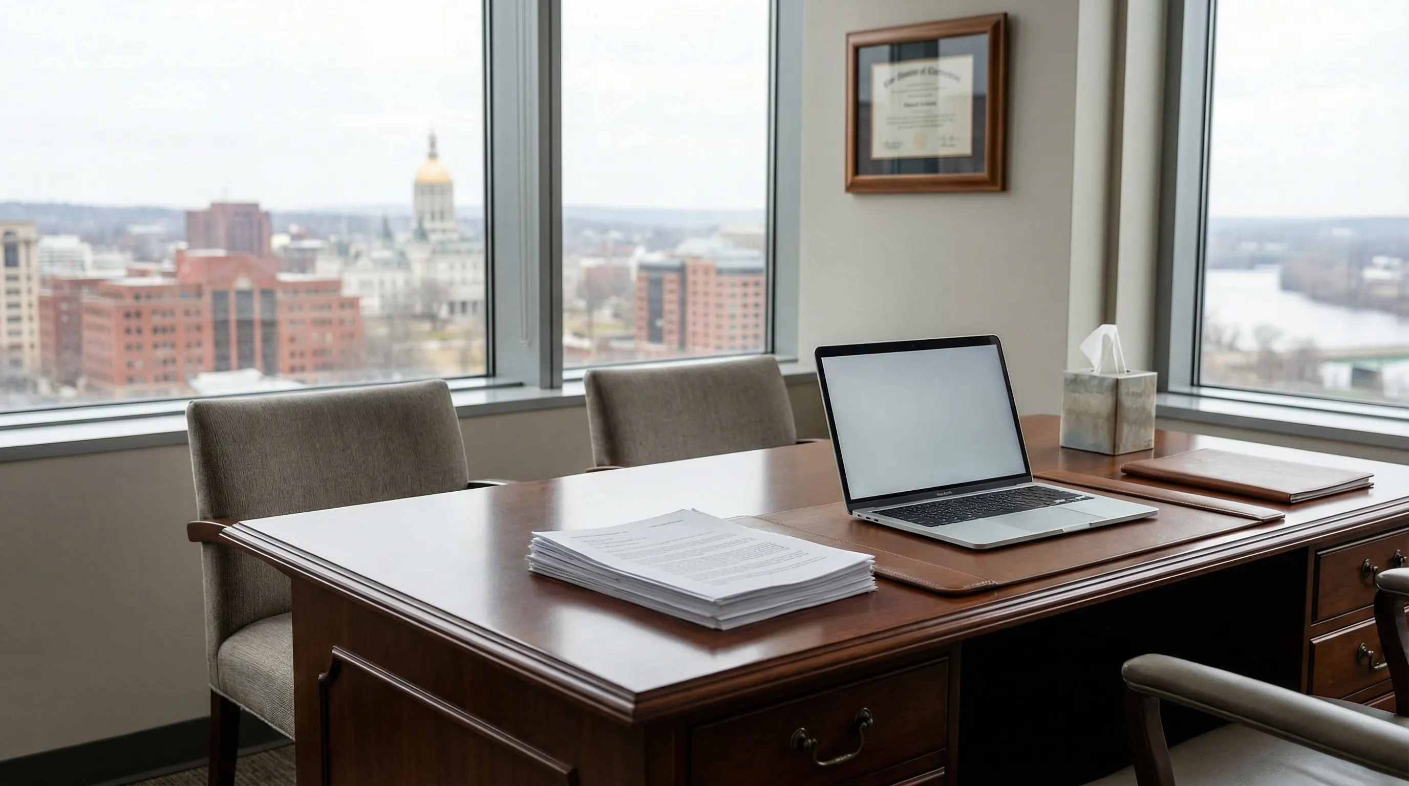 Hartford CT law office consultation room with attorney reviewing case documents and Connecticut State Capitol visible through window