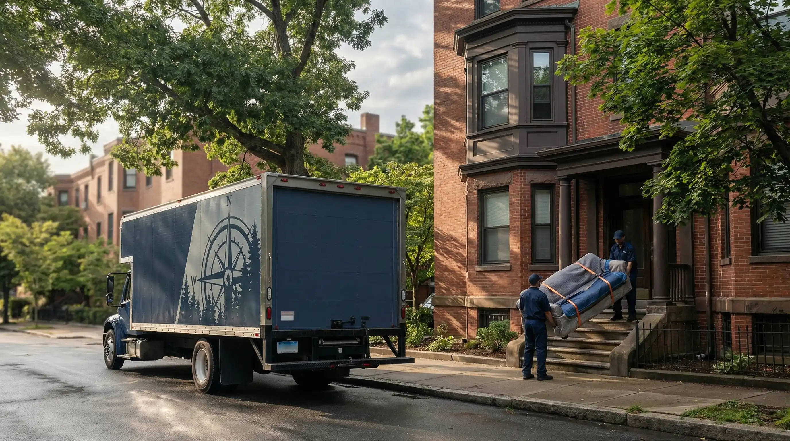 Professional moving company truck outside Hartford Connecticut apartment building with uniformed movers