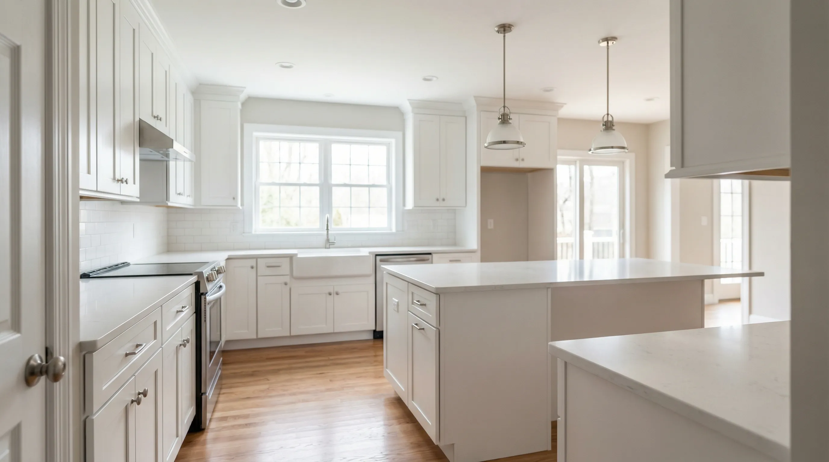 Renovated kitchen interior in a Greater Hartford CT Colonial home with white cabinets and quartz countertops