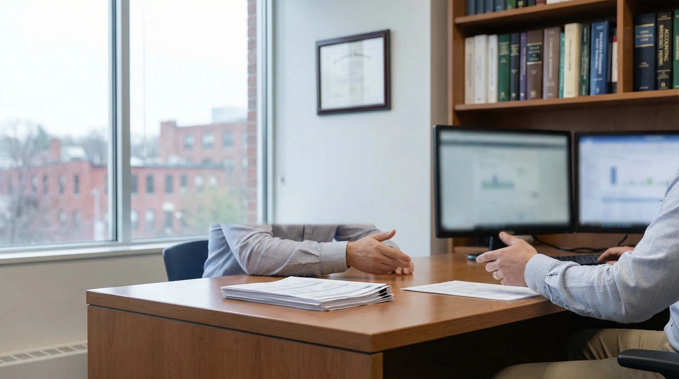 Professional CPA consultation office in Greater Hartford CT suburb with accountant reviewing tax documents with small business owner