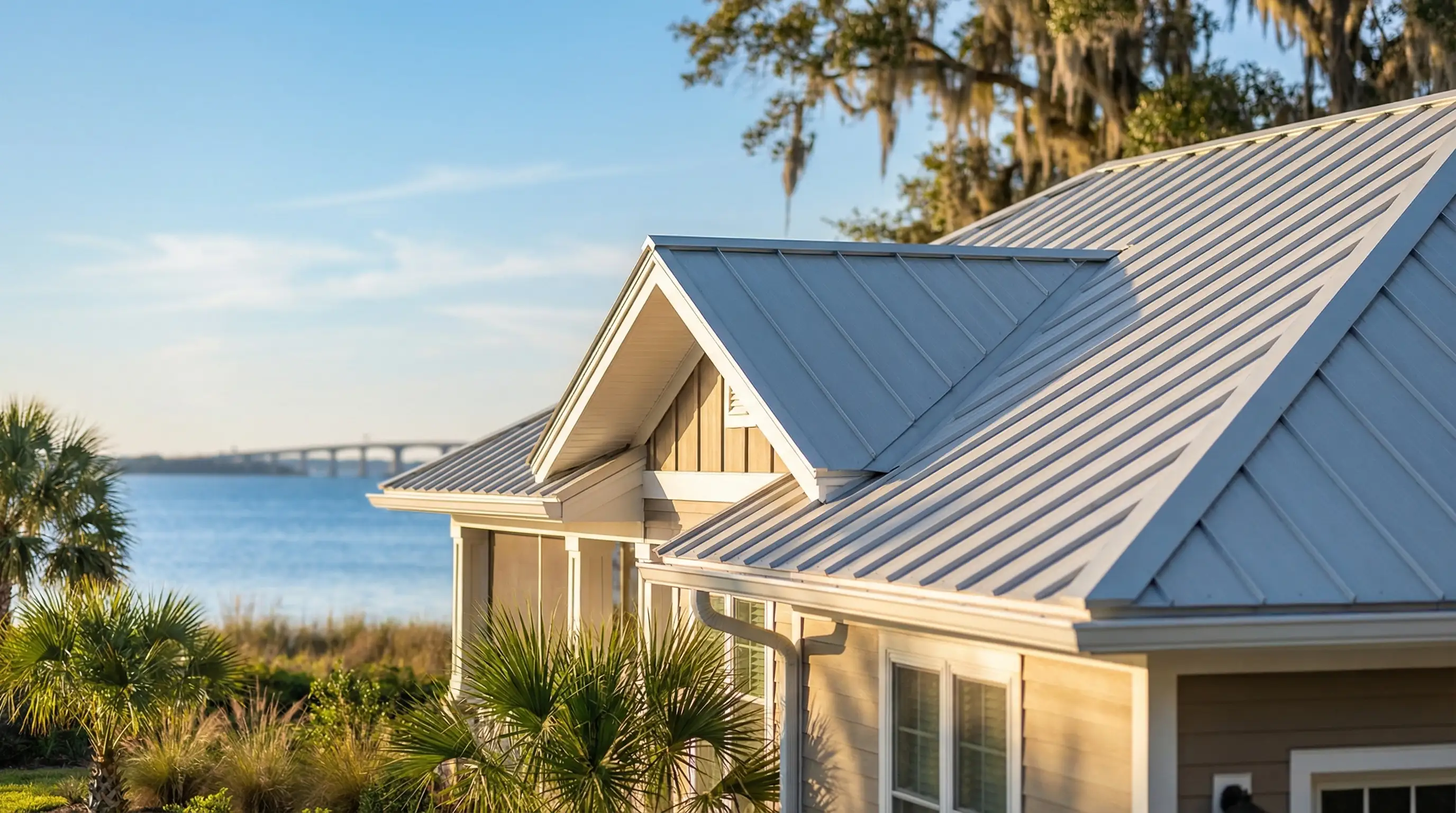 Professional roofing contractor inspecting a newly installed metal roof on a Gulf Coast craftsman home in Pensacola, FL